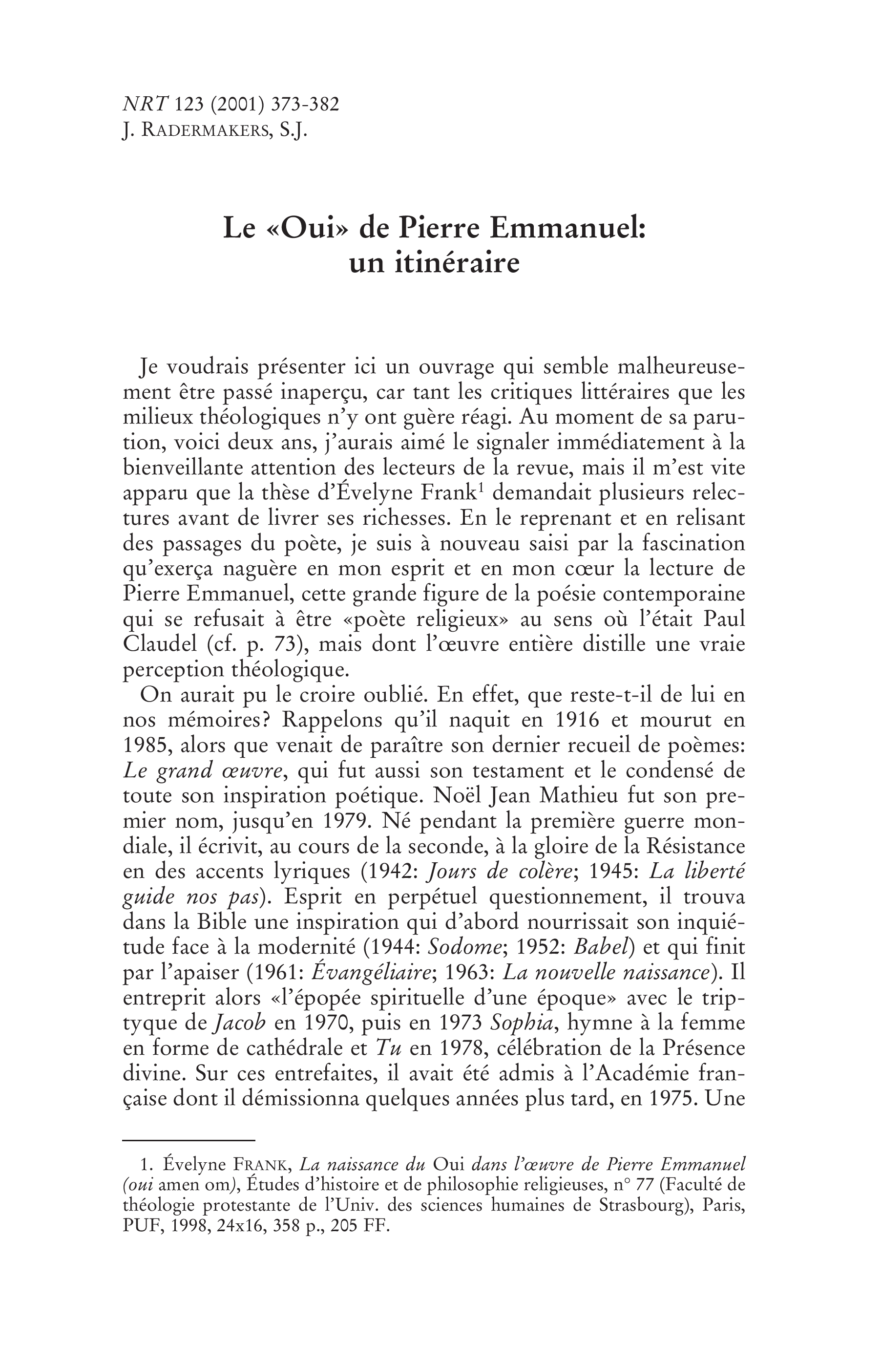 Le « Oui » de Pierre Emmanuel: un itinéraire