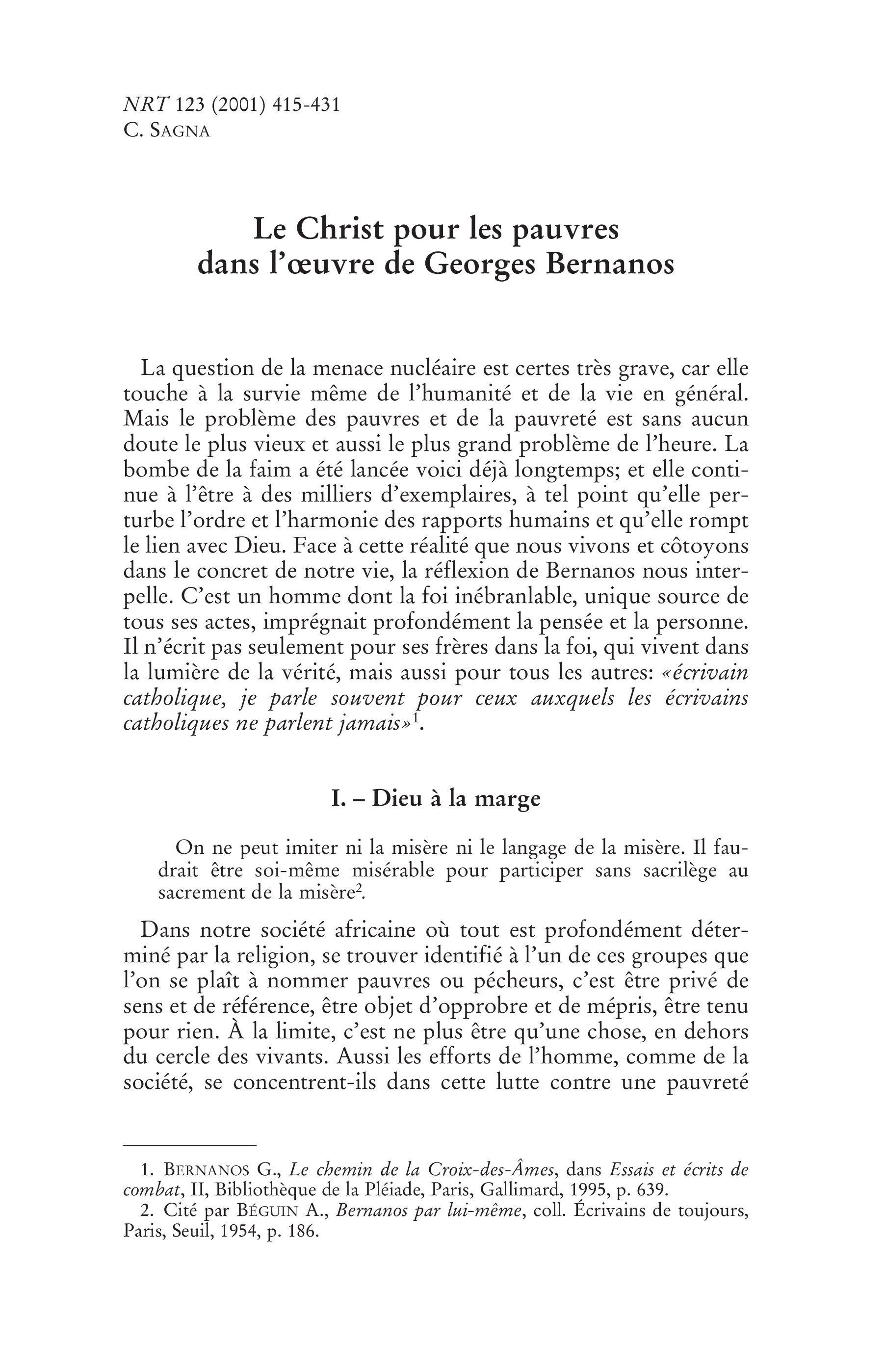 Le Christ pour les pauvres dans l'oeuvre de G. Bernanos