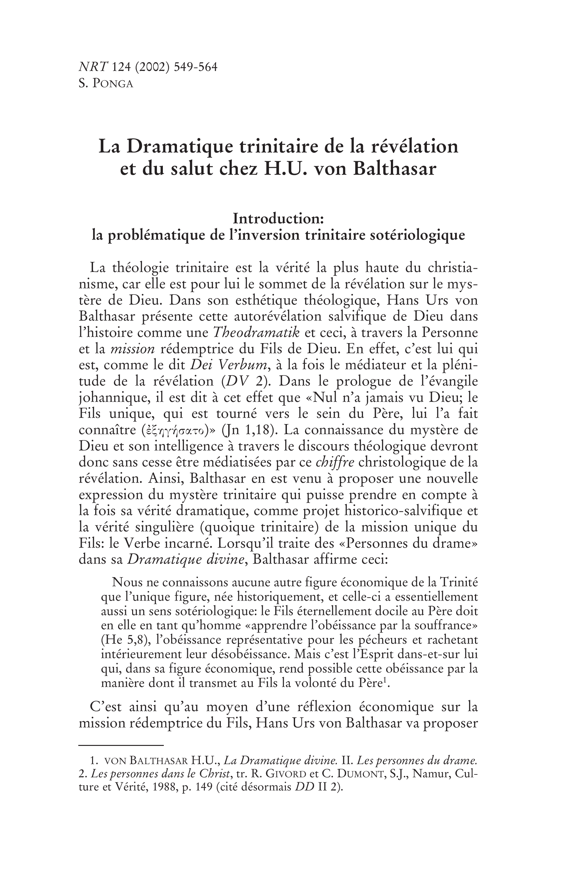 La Dramatique trinitaire de la révélation et du salut chez H.U. von Balthasar