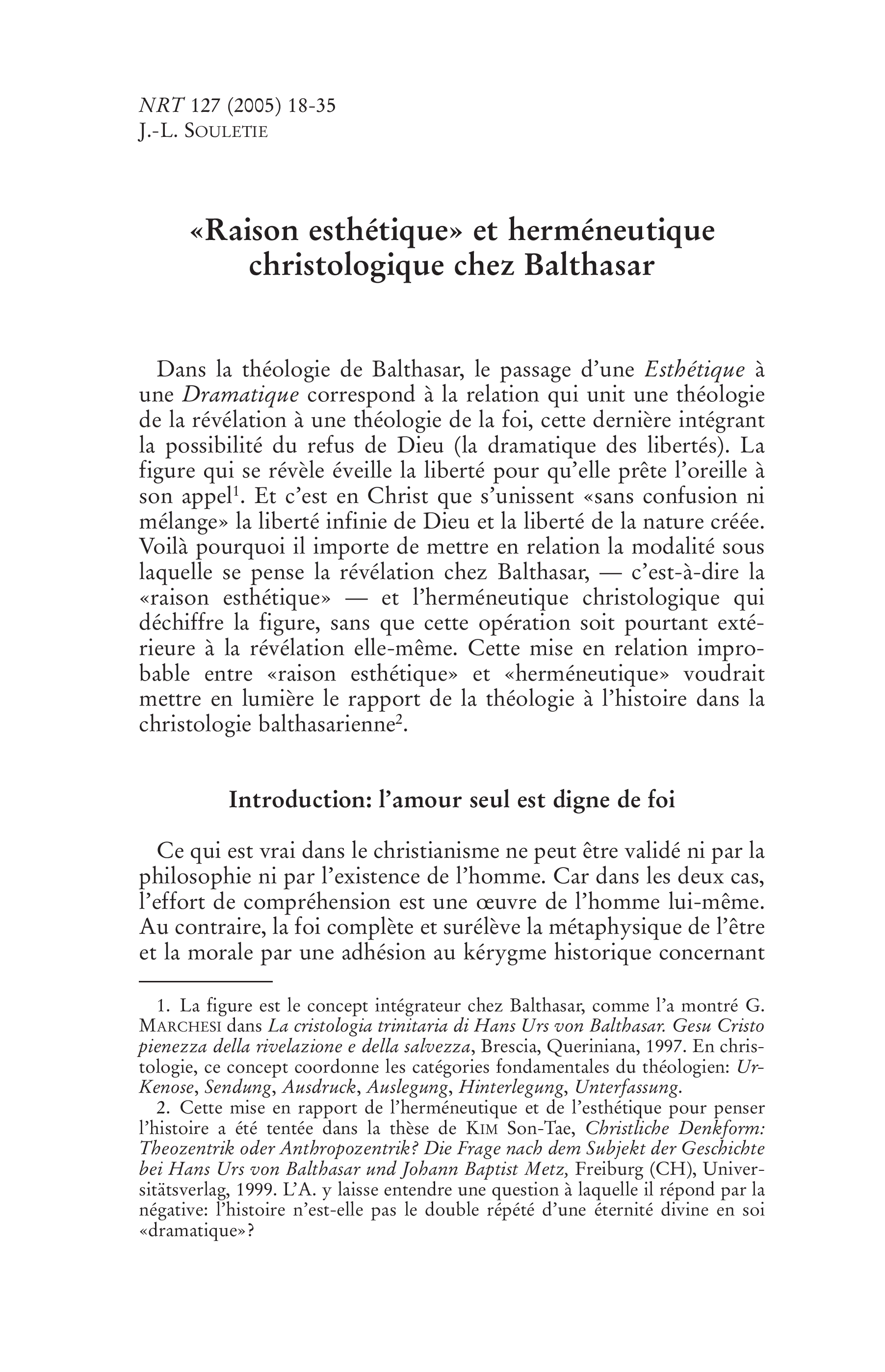 « Raison esthétique » et herméneutique christologique chez Balthasar