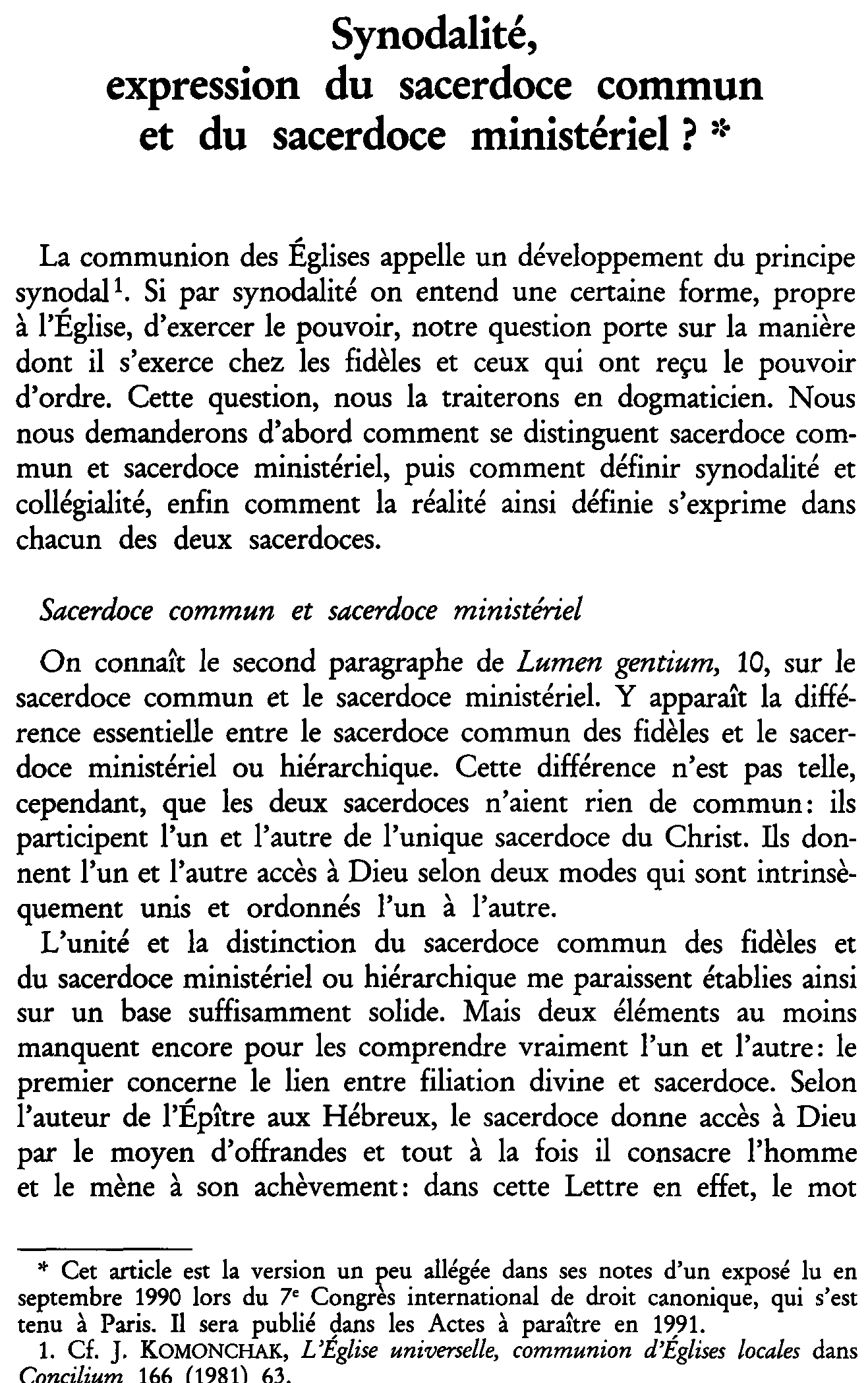 Synodalité, expression du sacerdoce commun et du sacerdoce ministériel?