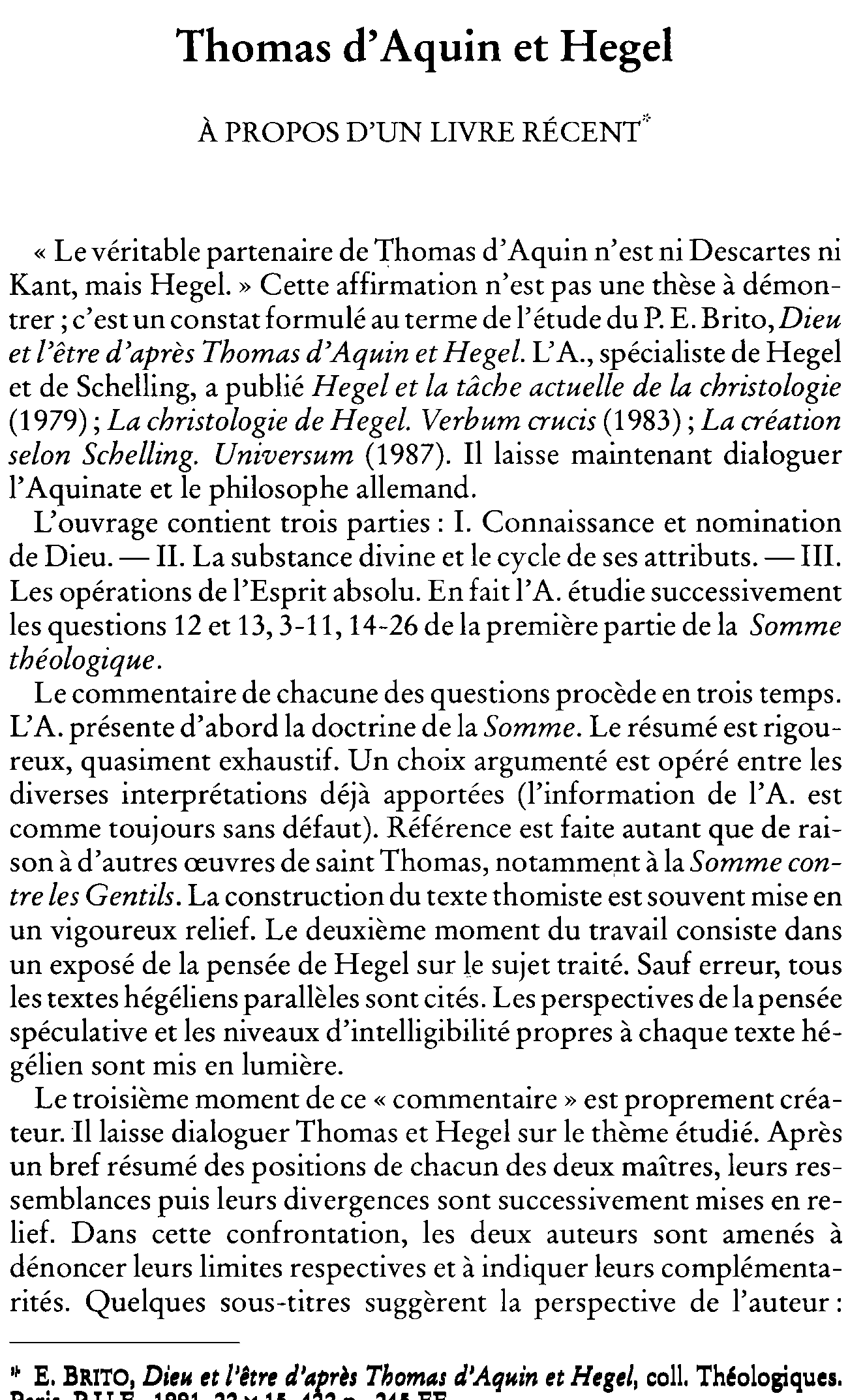 Thomas d'Aquin et Hegel. À propos d'un livre récent