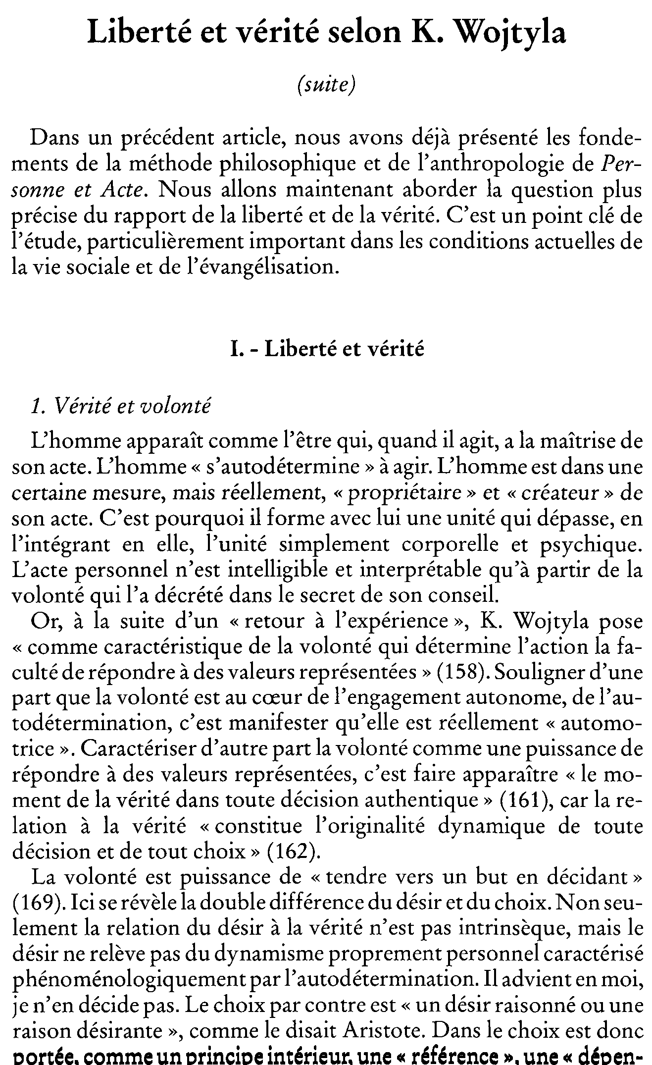 Liberté et vérité selon K. Wojtyla (2ème partie)