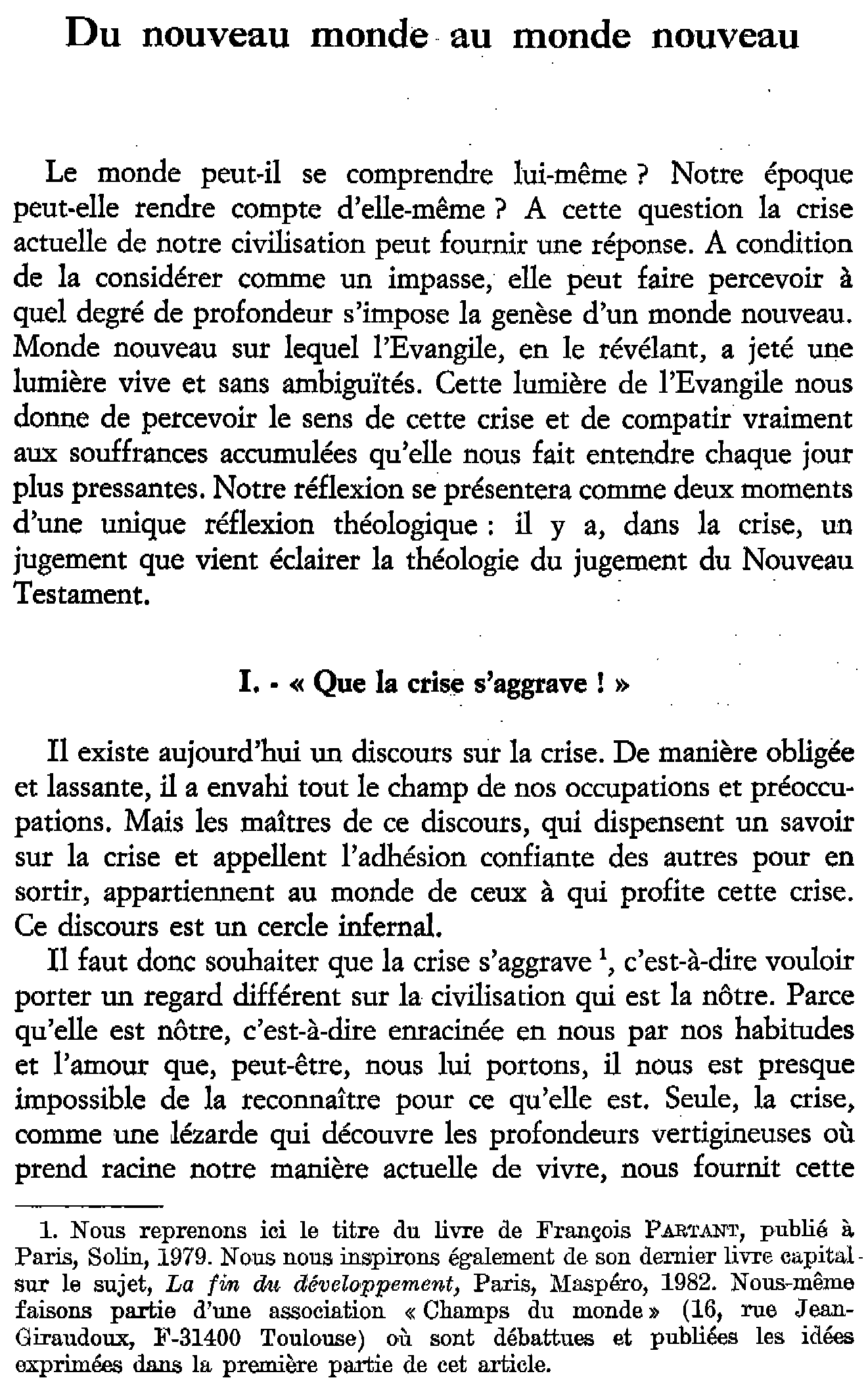 Du nouveau monde au monde nouveau