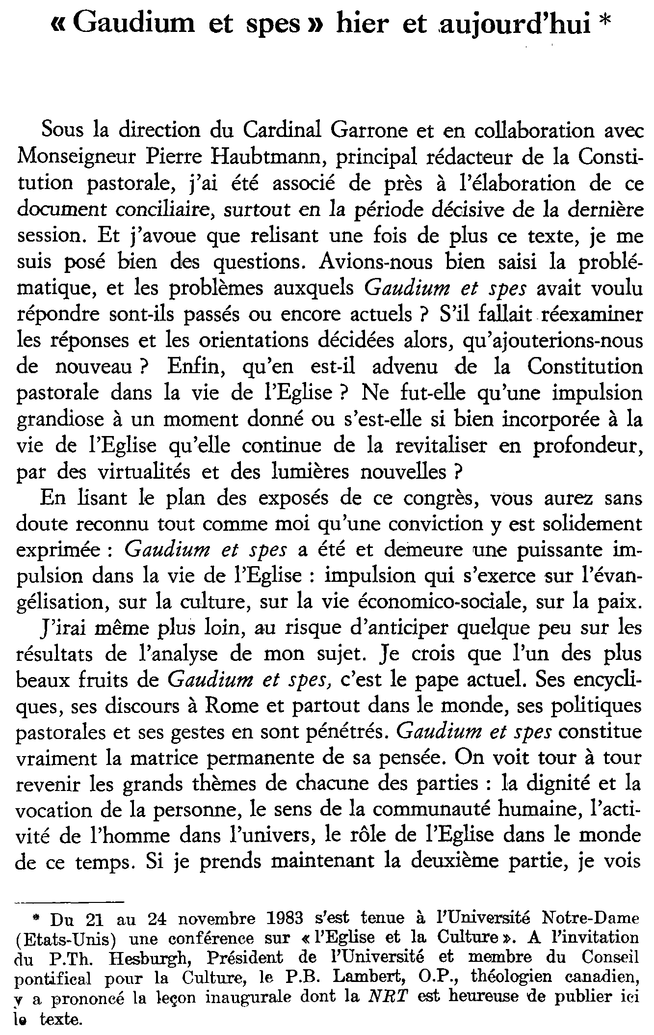 Gaudium et spes hier et aujourd'hui