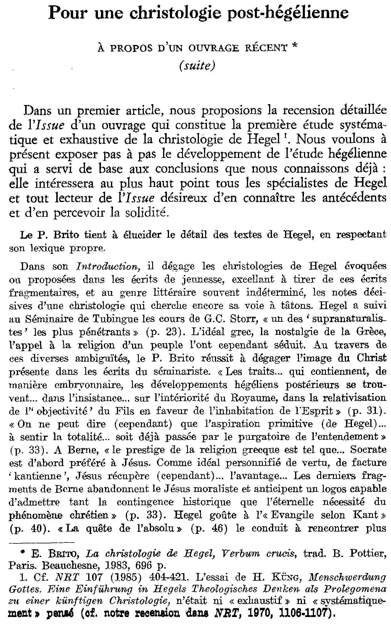 Pour une christologie ppst-hégélienne. À propos d'un ouvrage récent (suite)
