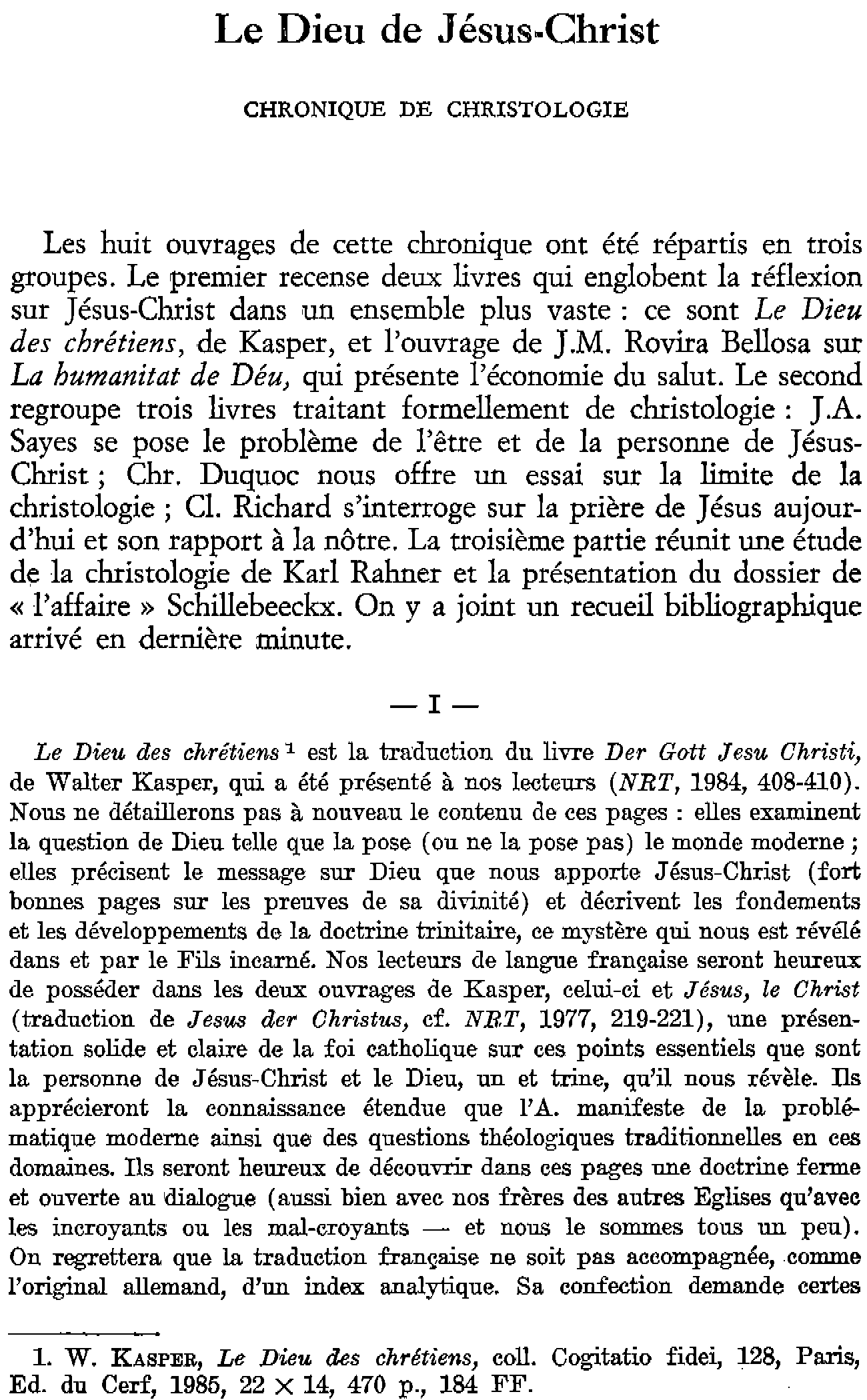 Le Dieu de Jésus-Christ. Chronique de christologie