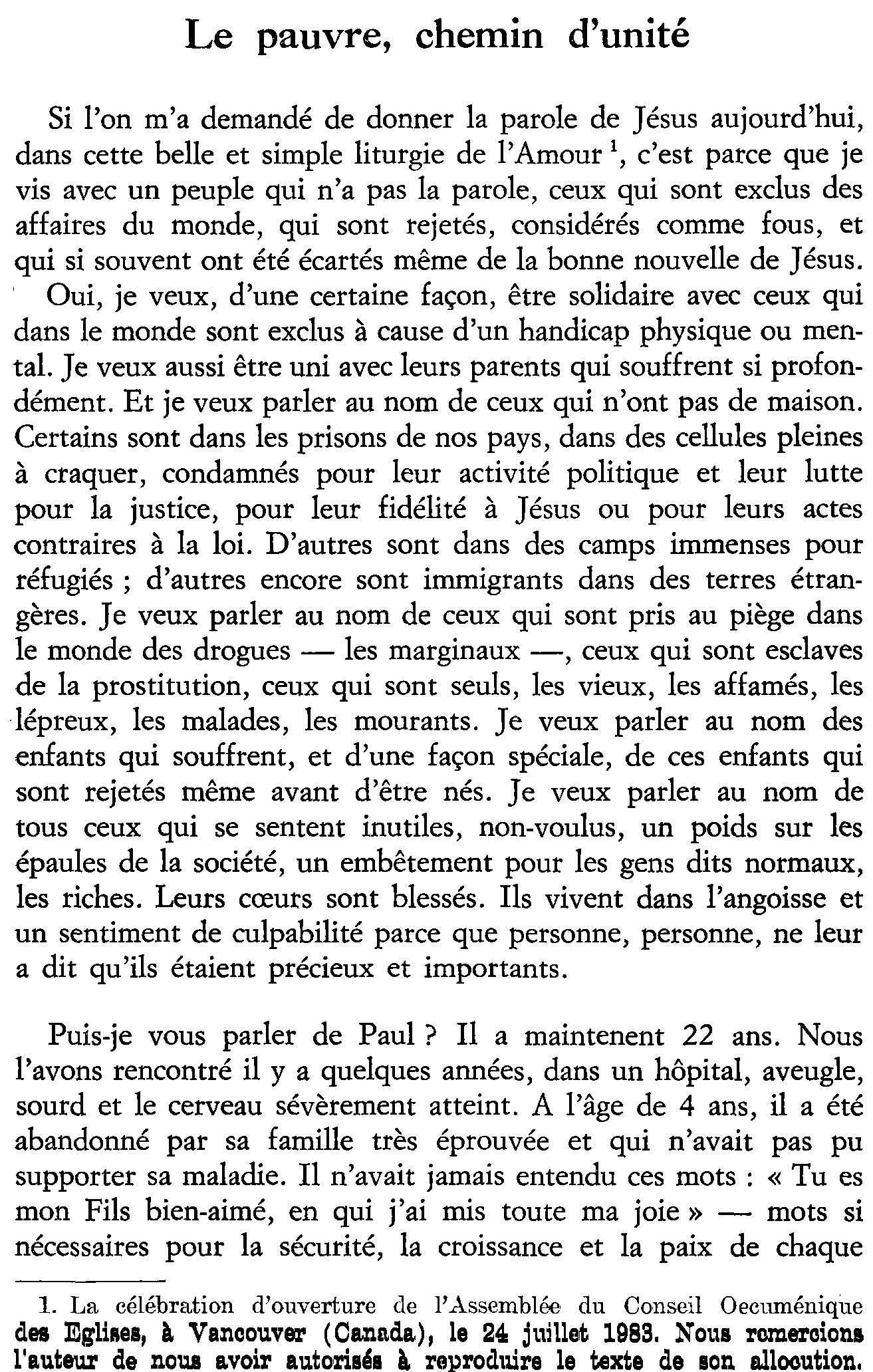 Le pauvre, chemin d'unité