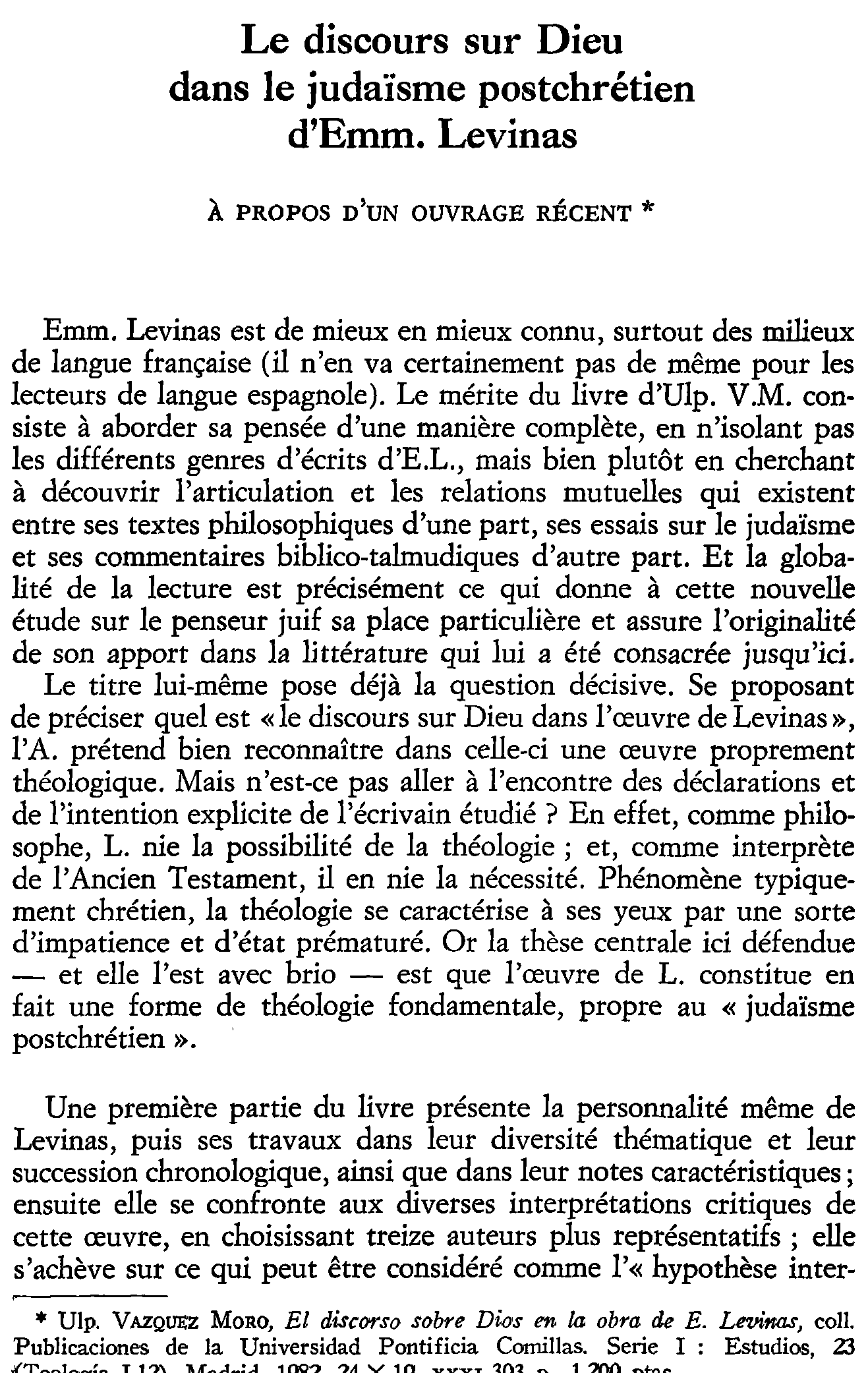 Le discours sur Dieu dans le judaïsme postchrétien d'Emmanuel Levinas