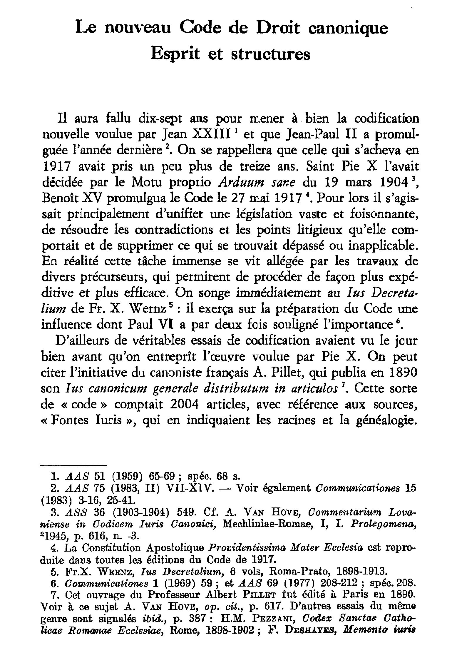 Le nouveau Code de Droit canonique. Esprit et structures (à suivre)
