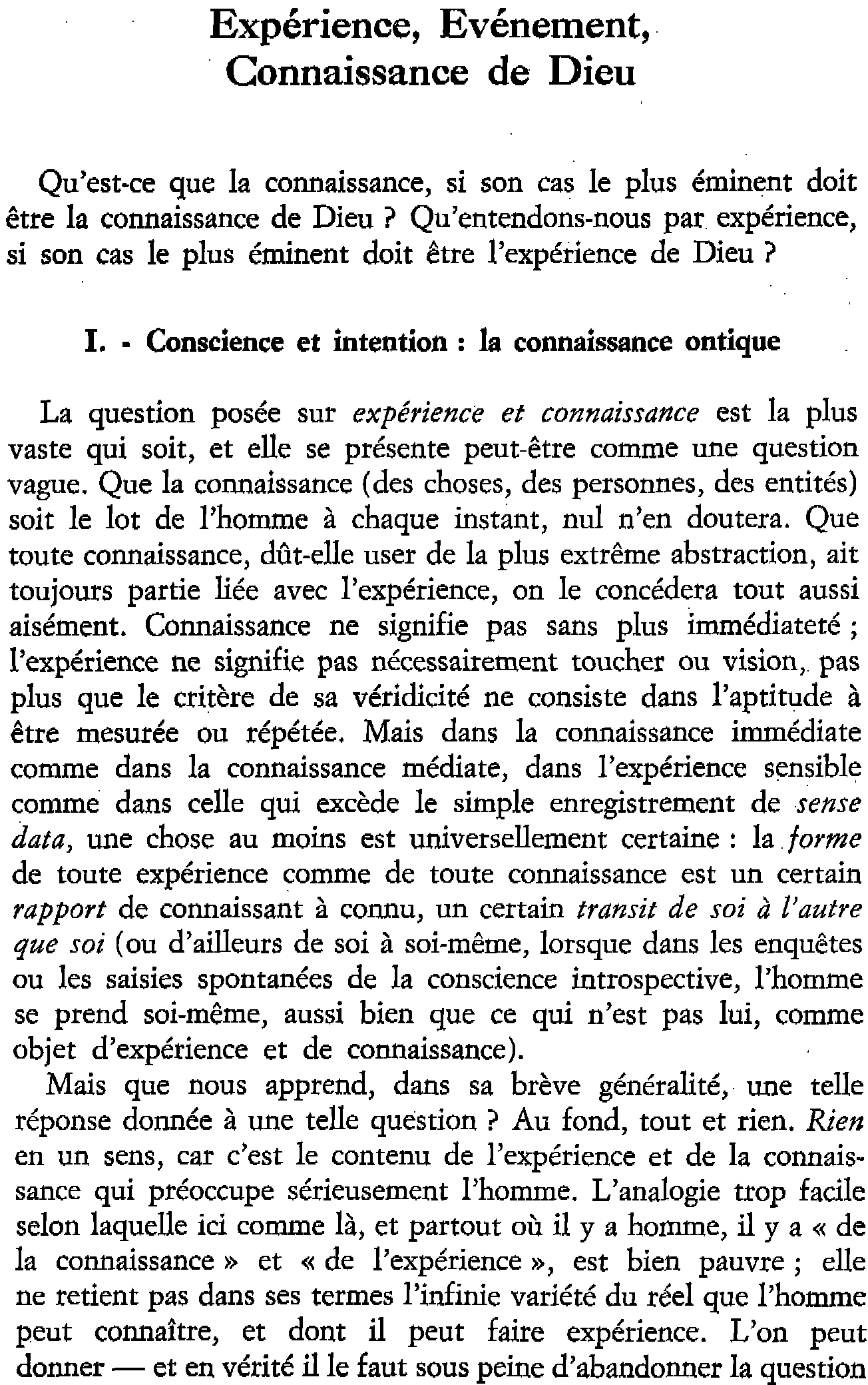 Expérience, Evénement, Connaissance de Dieu