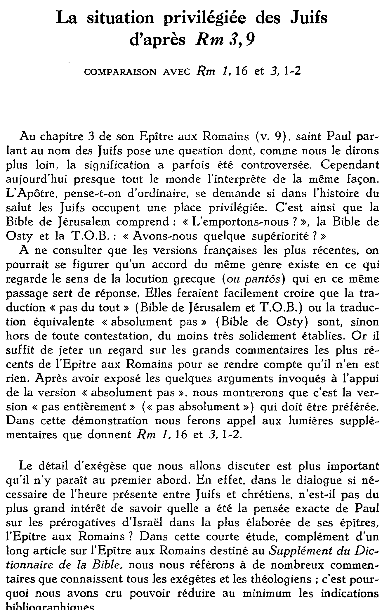 La situation privilégiée des Juifs d'après Rm 3,9
