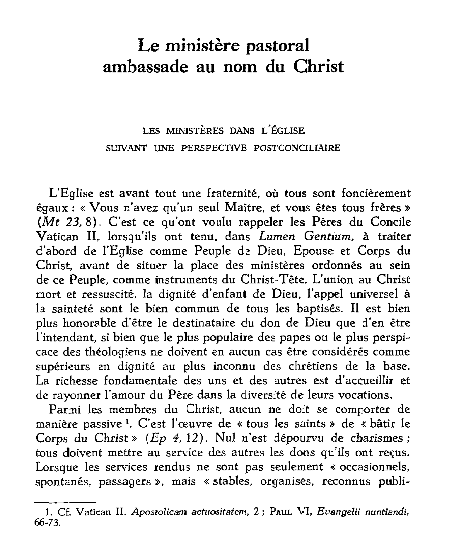 Le ministère pastoral, ambassade au nom du Christ