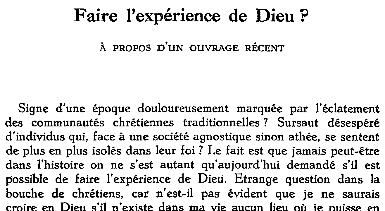 Faire l'expérience de Dieu? À propos d'un ouvrage récent
