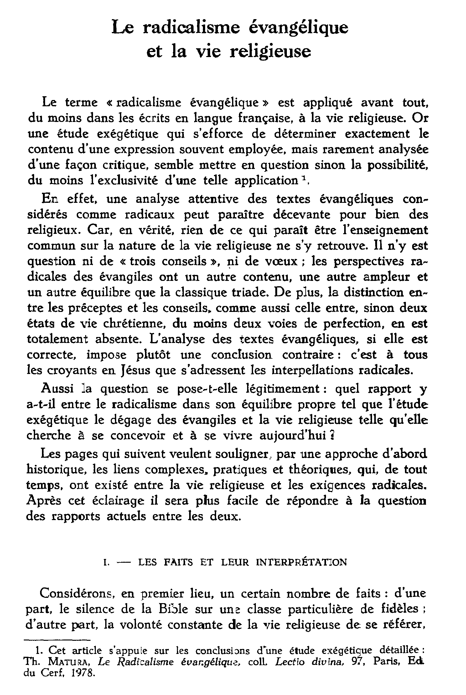Le radicalisme évangélique et la vie religieuse