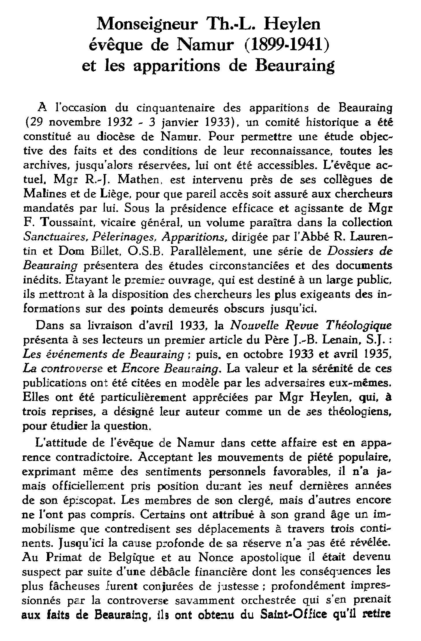 Monseigneur Th.-L. Heylen, évêque de Namur (1899-1941) et les apparitionsde Beauraing