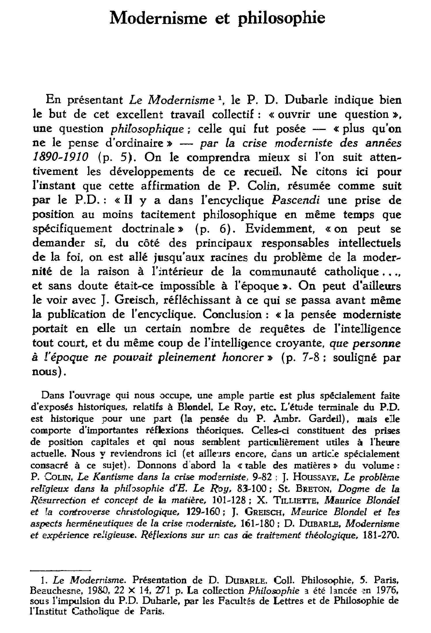 Modernisme et philosophie. À propos d'un ouvrage récent