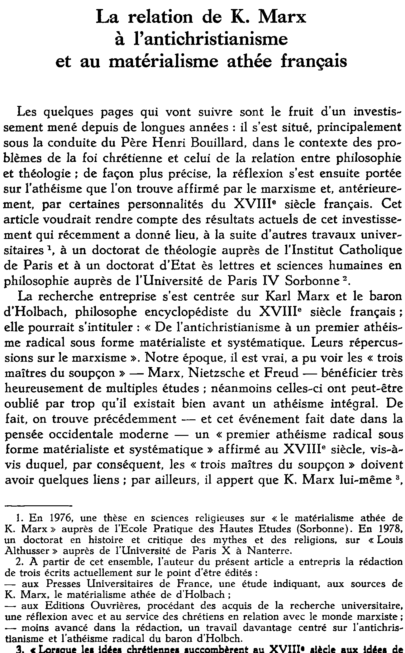 La relation de K. Marx à l'antichristianisme et au matérialisme athée français (à suivre)