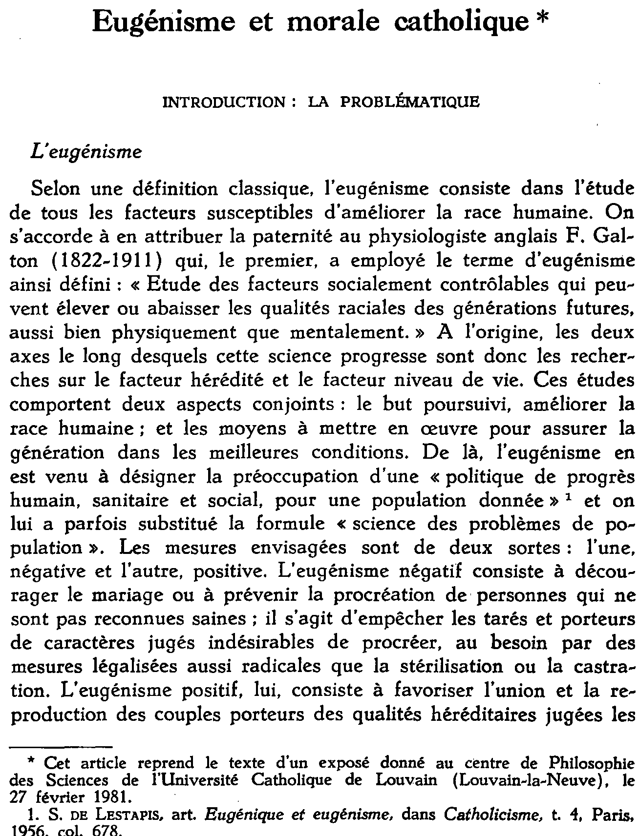 Eugénisme et morale catholique