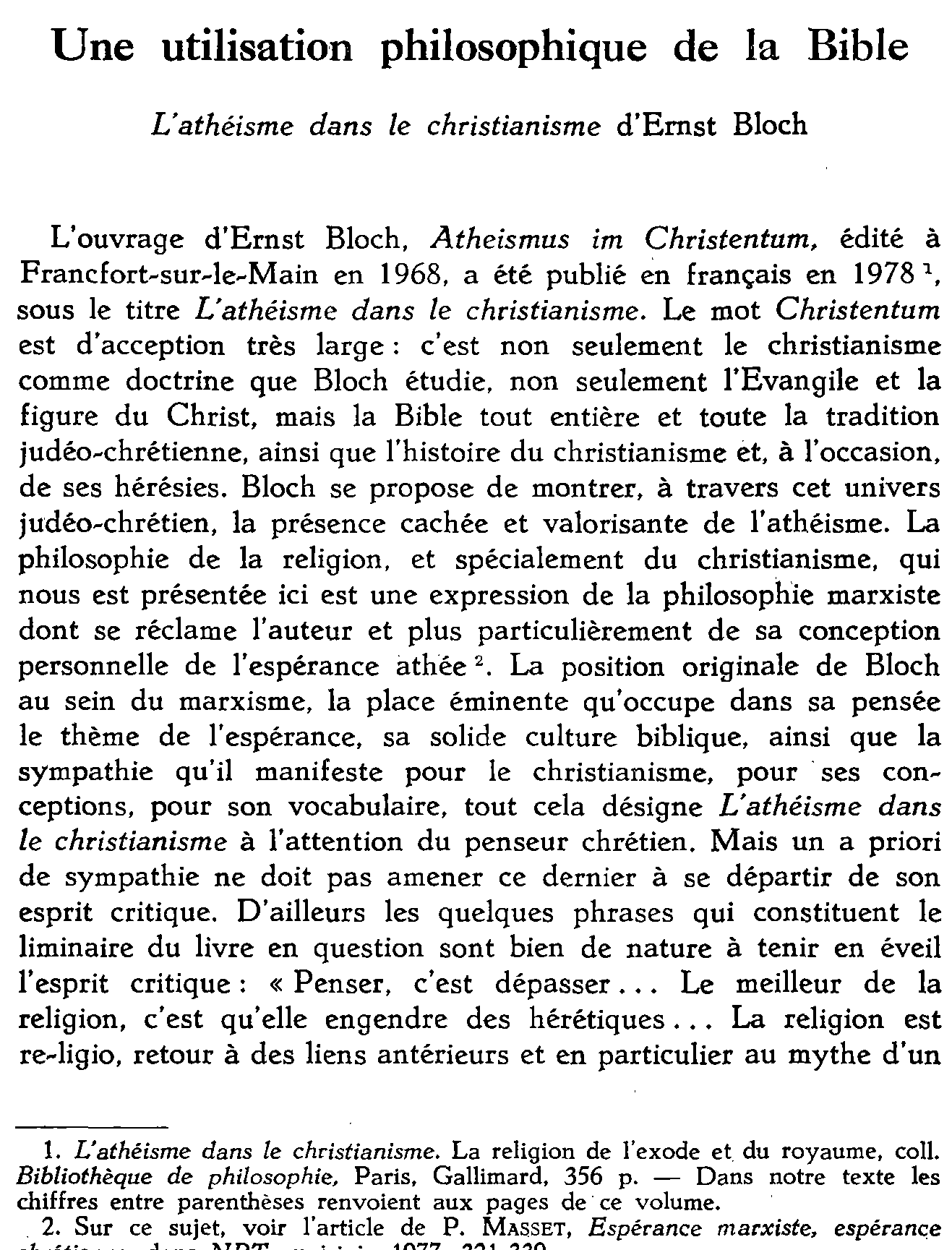 Une utilisation philosophique de la Bible. L'athéisme dans le christianisme d'Ernst Bloch
