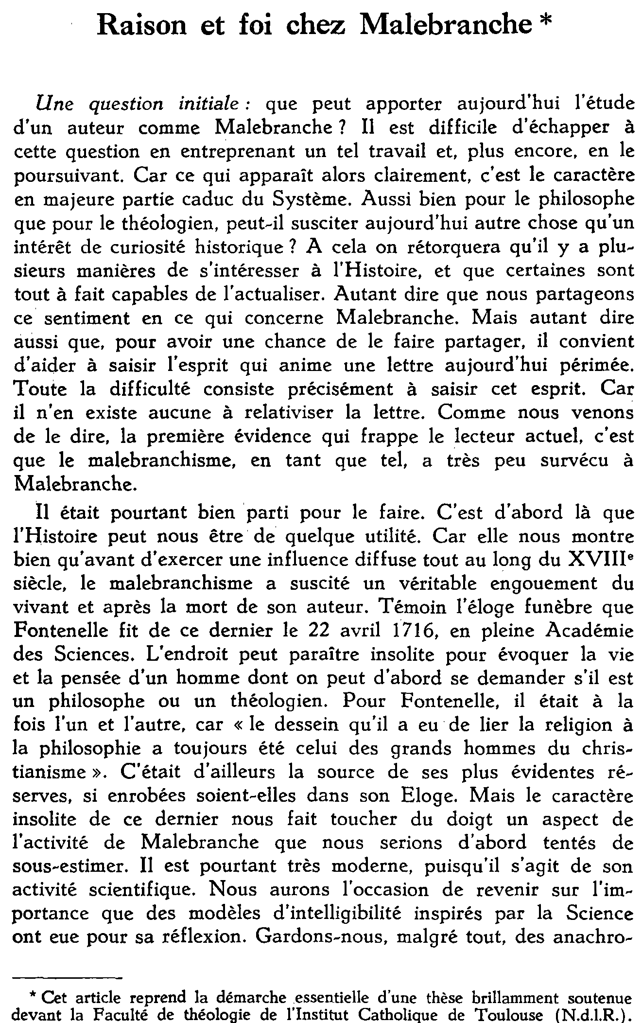 Raison et foi chez Malebranche