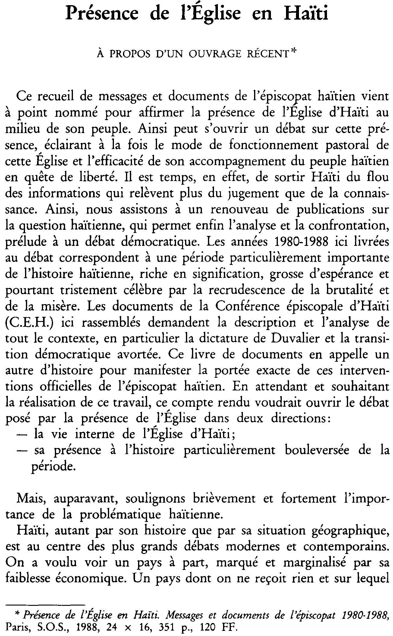 Présence de l'Église en Haïti. À propos d'un ouvrage récent