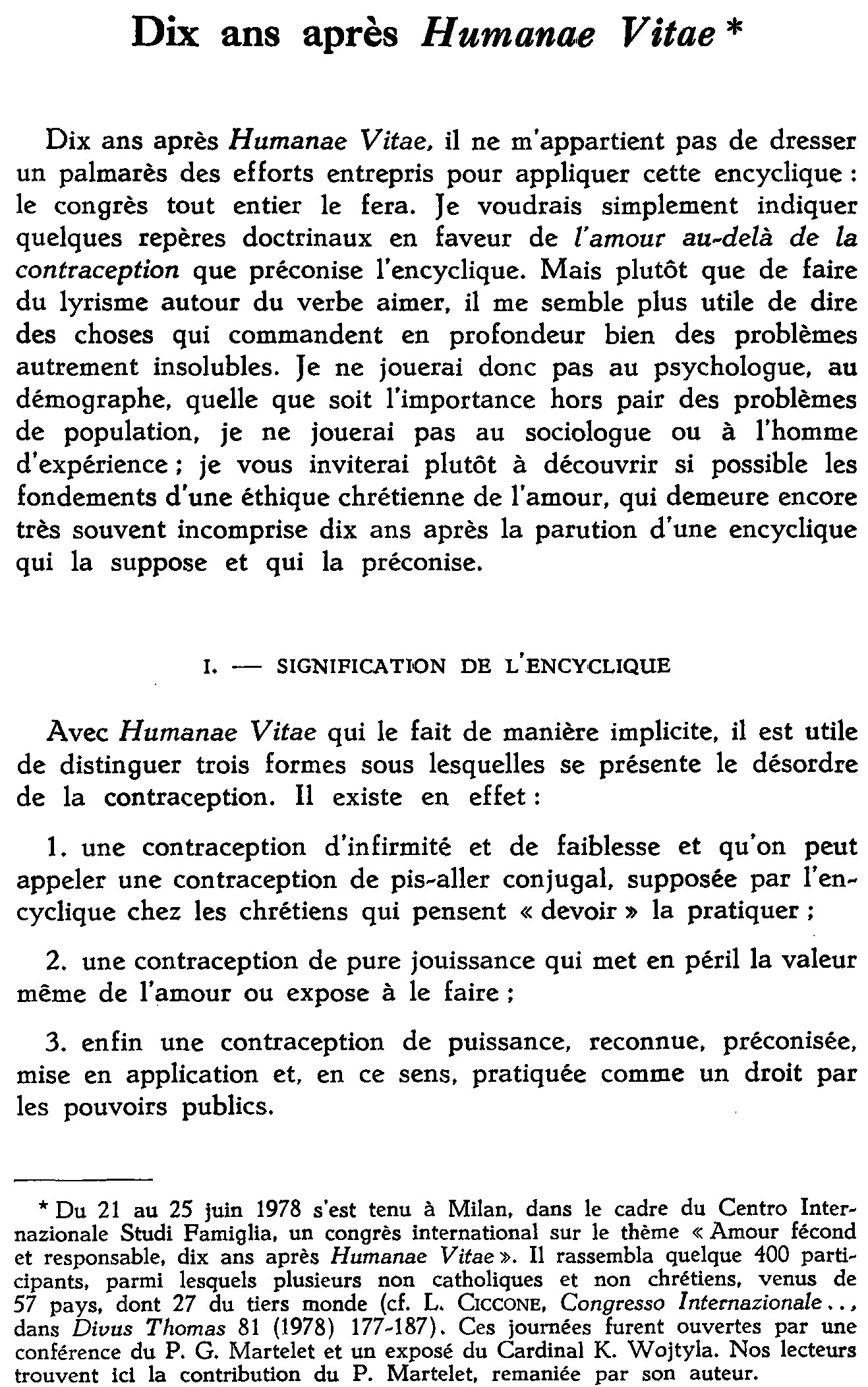 Dix ans après Humanae vitae
