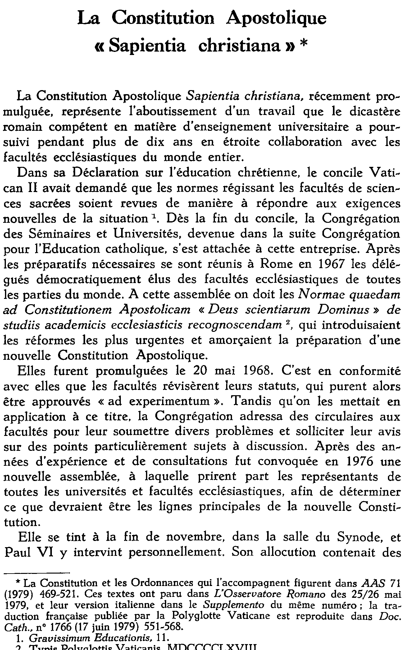 La Constitution Apostolique «Sapientia christiana»