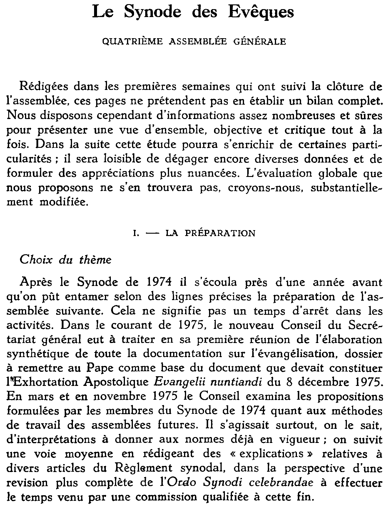 Le Synode des Évêques. Quatrième assemblée générale