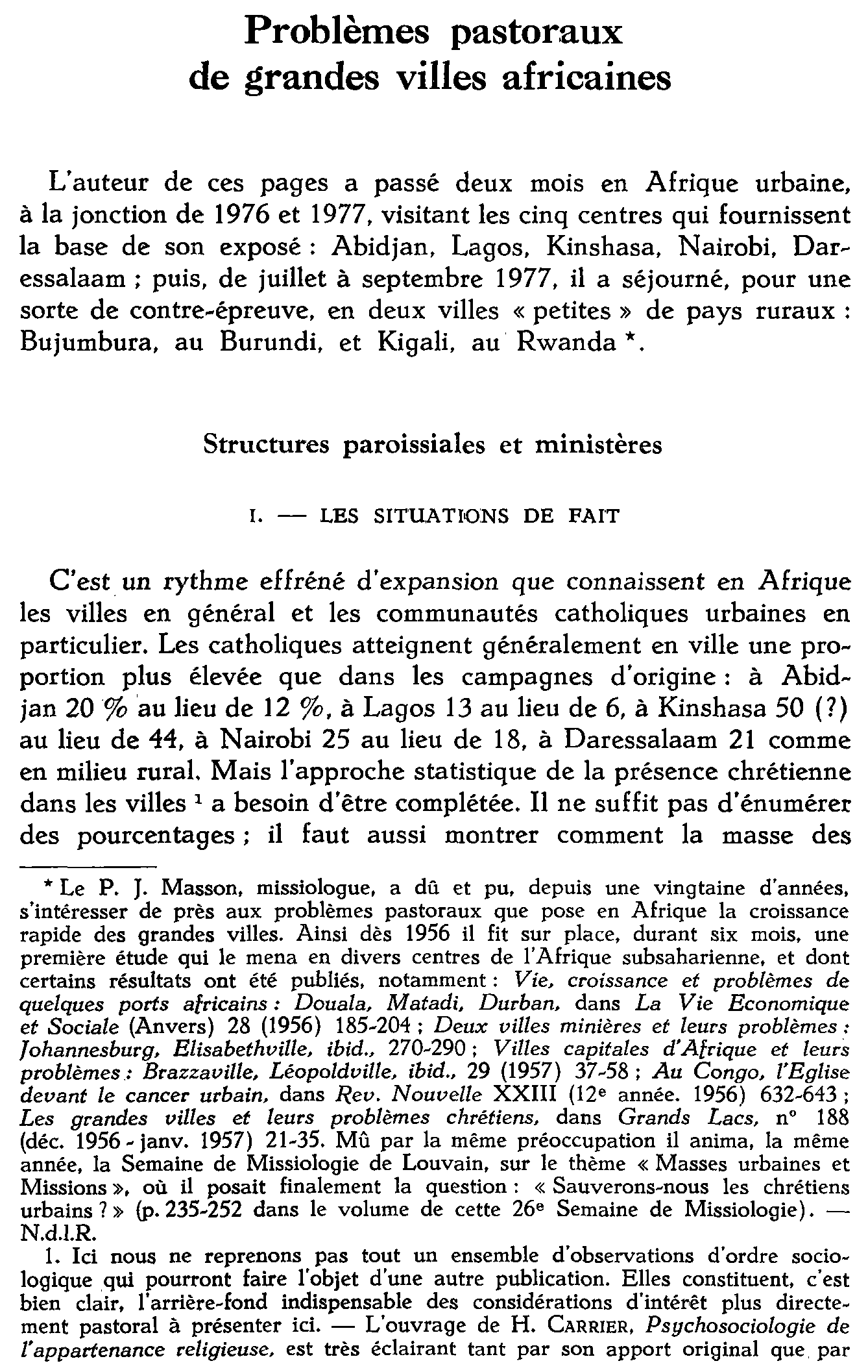 Problème pastoraux de grandes villes africaines (à suivre)