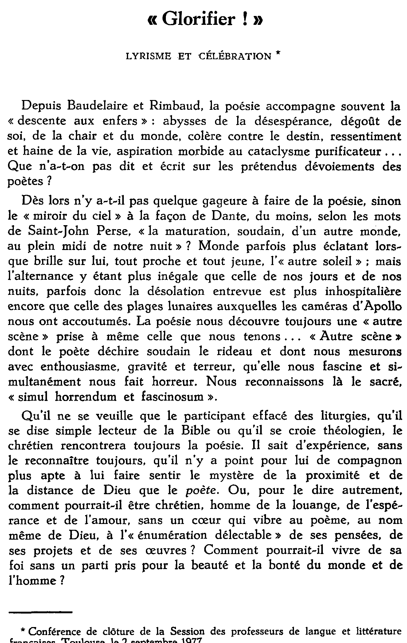 «Glorifier!». Lyrisme et célébration