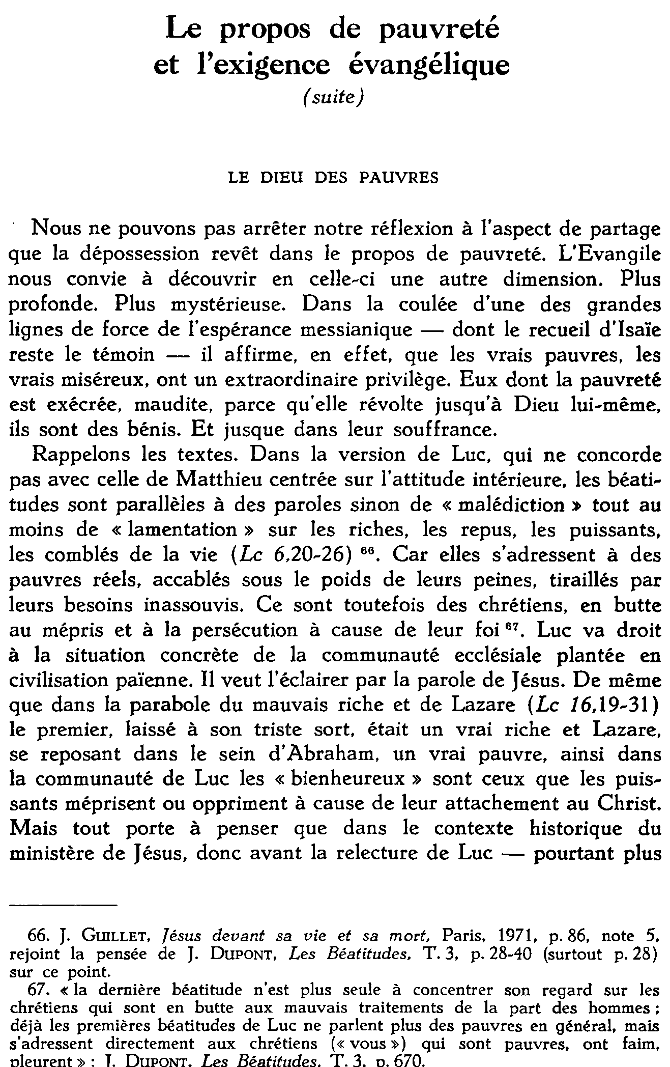 Le propos de pauvreté et l'exigence évangélique (suite)