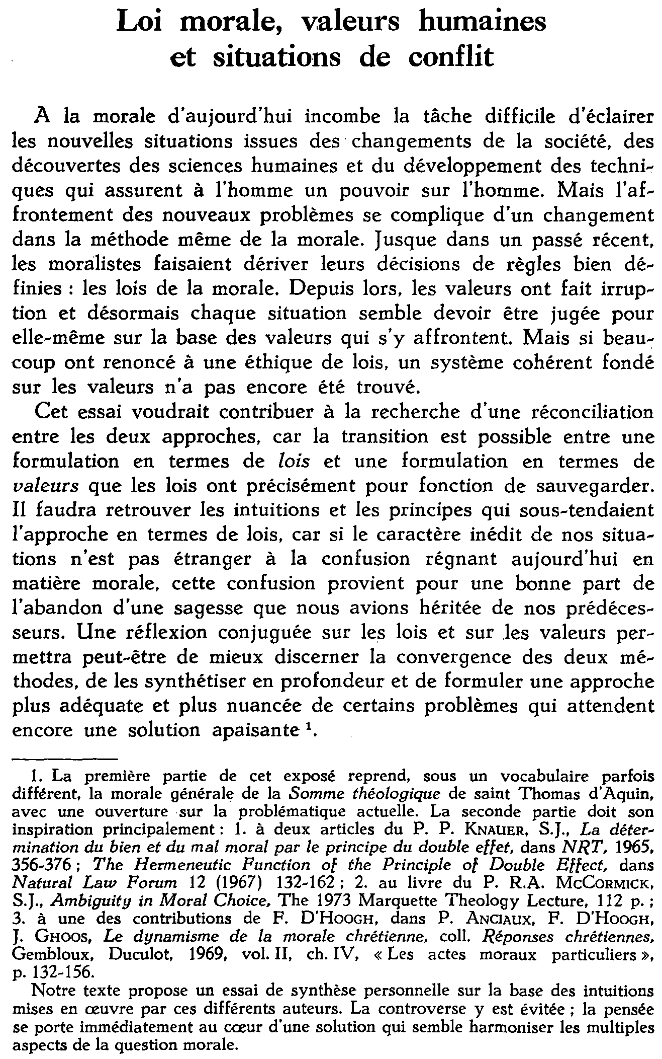 Loi morale, valeurs humaines et situations de conflit
