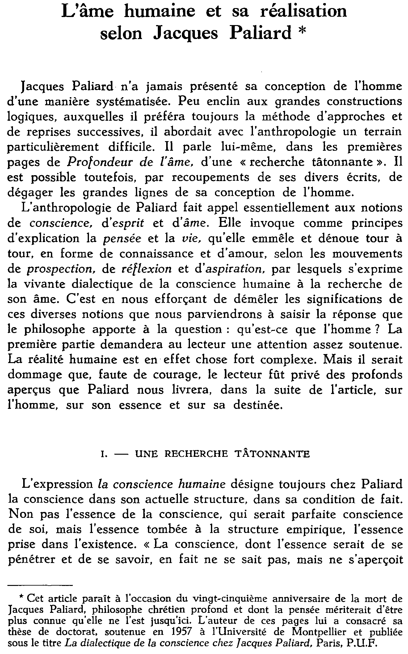 L'âme humaine et sa réalisation selon Jacques Paliard