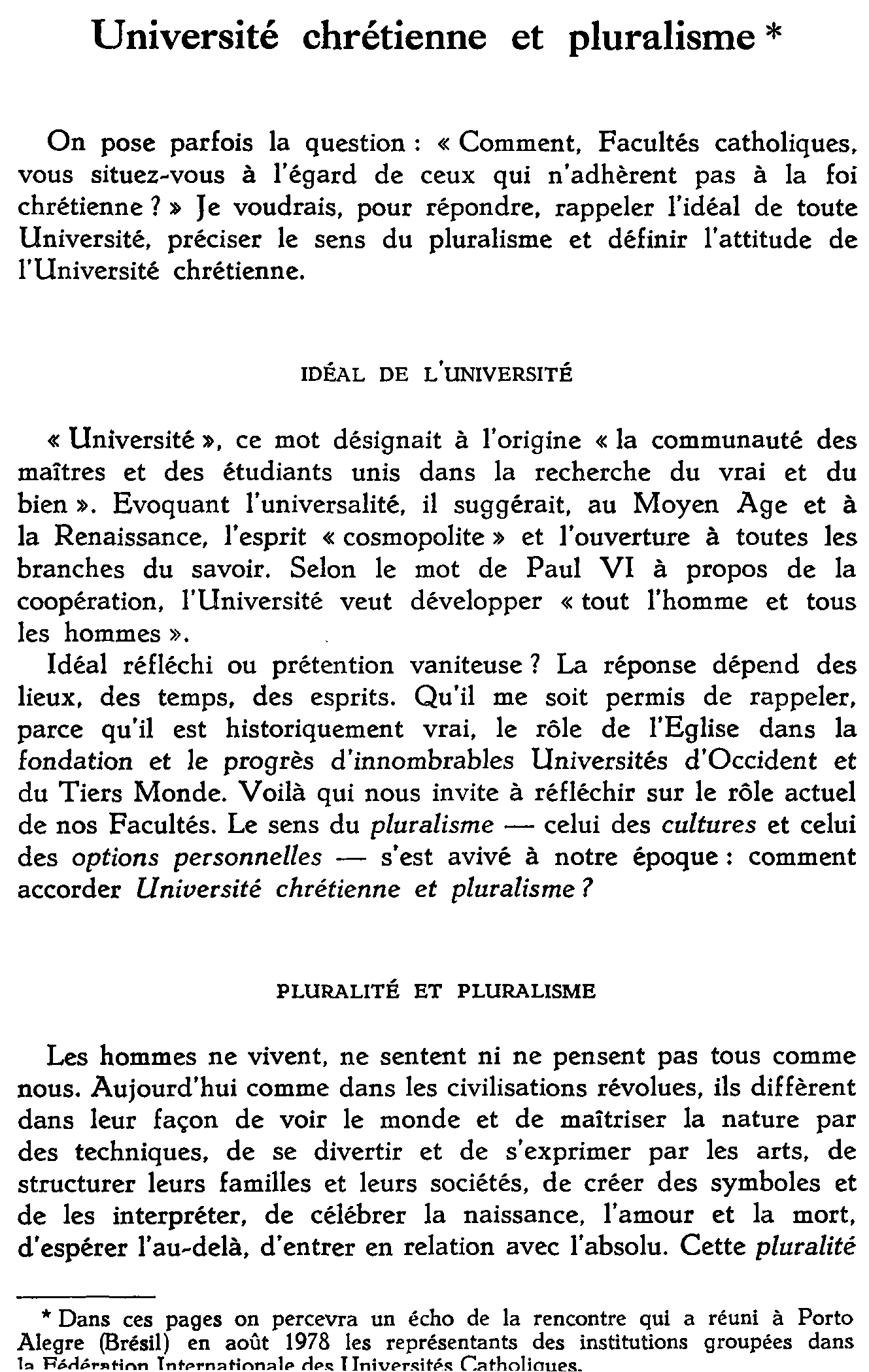 Université chrétienne et pluralisme