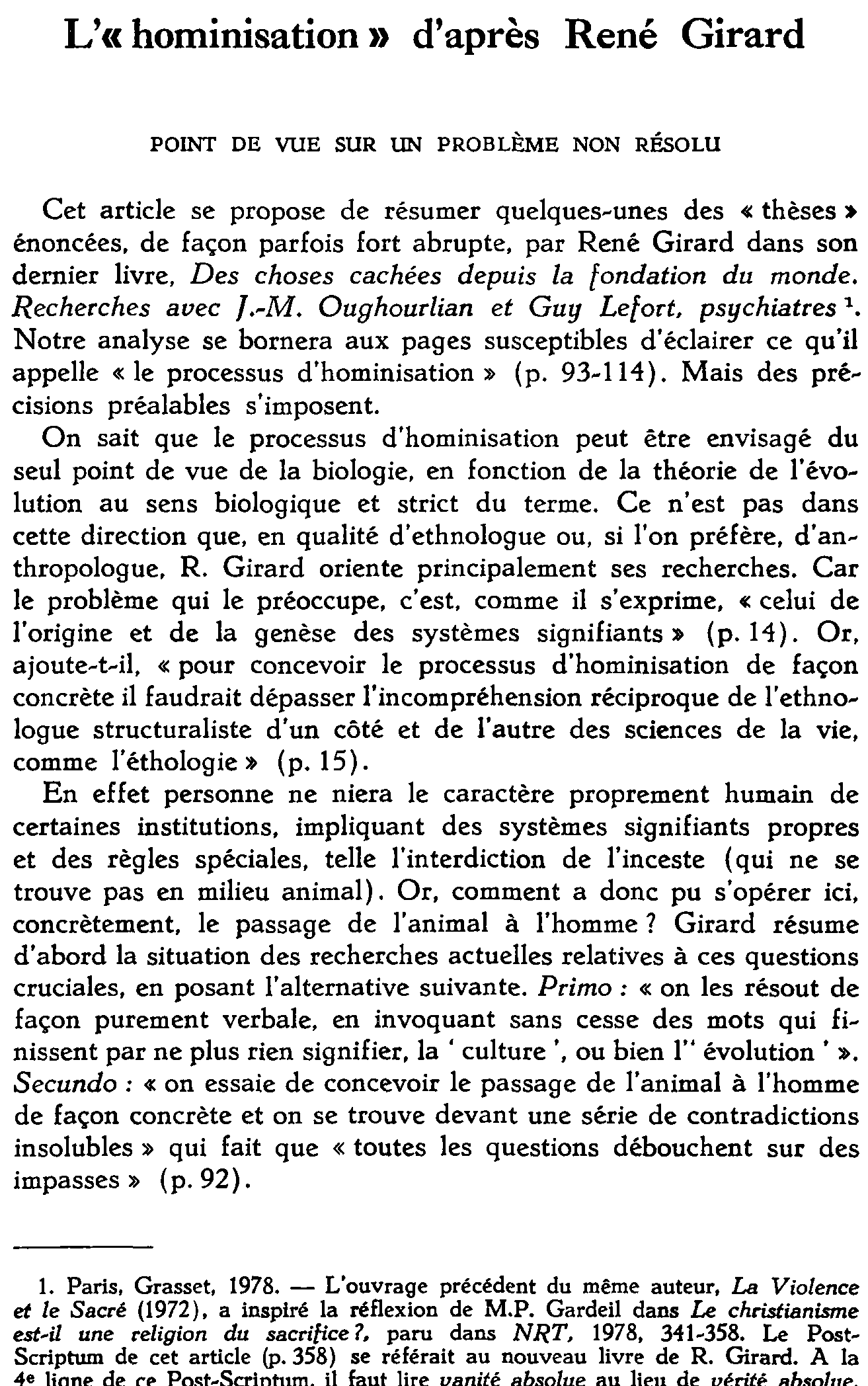 L'«hominisation» d'après René Girard