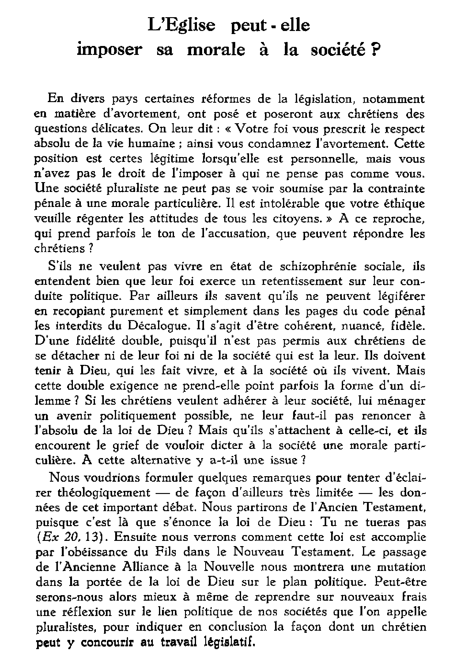 L'Église peut-elle imposer sa morale à la société?