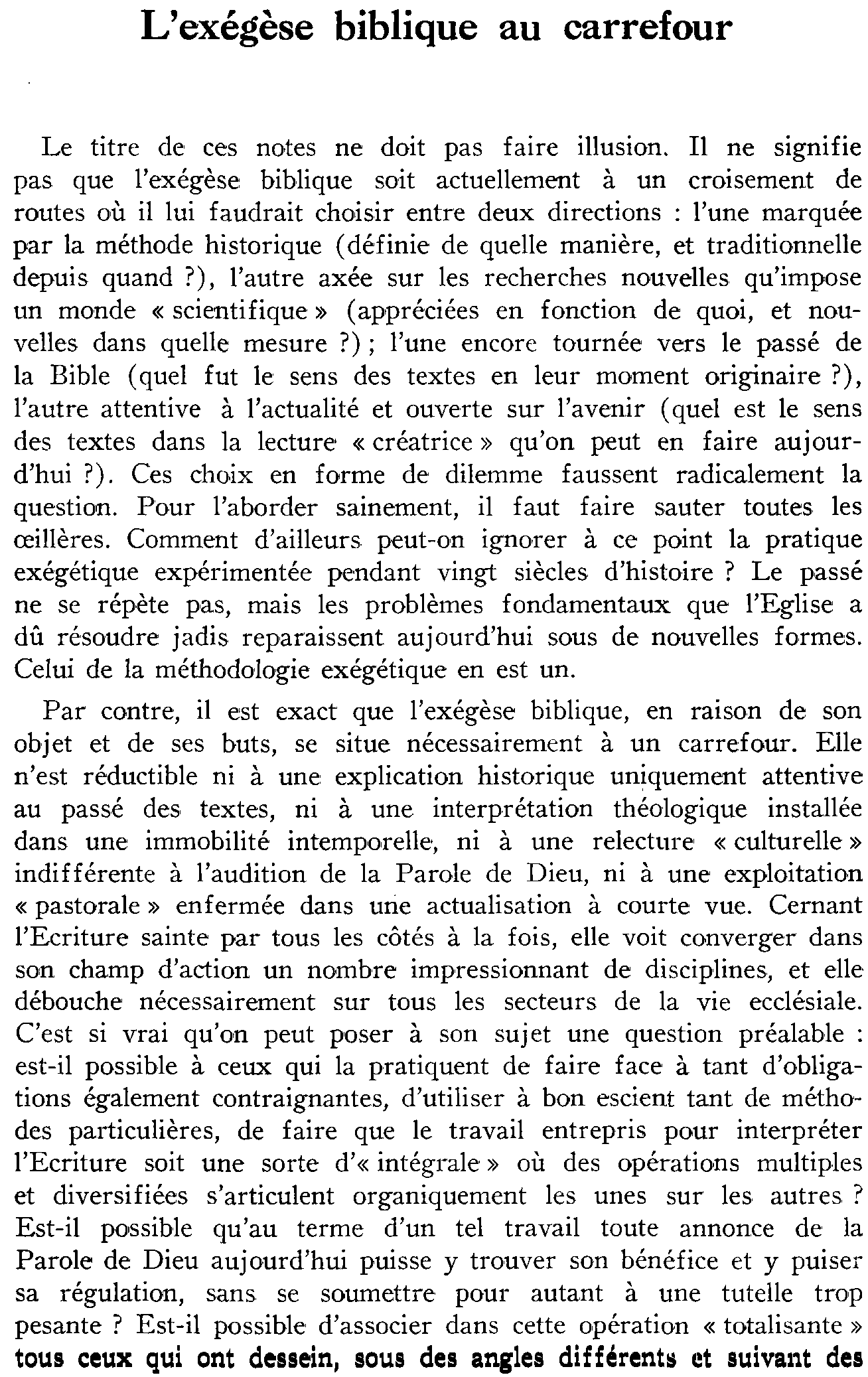 L'exégèse biblique au carrefour (à suivre)