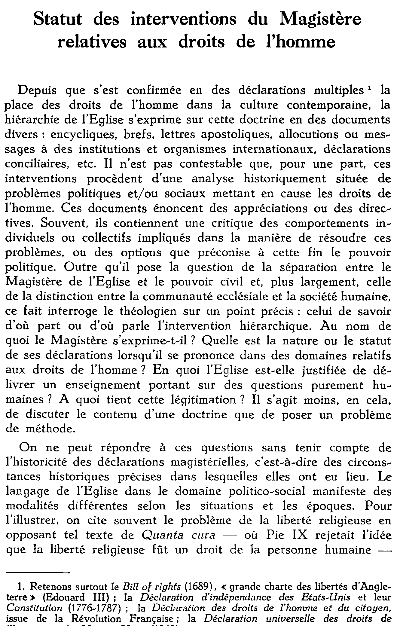 Statut des interventions du Magistère relatives aux droits de l'homme