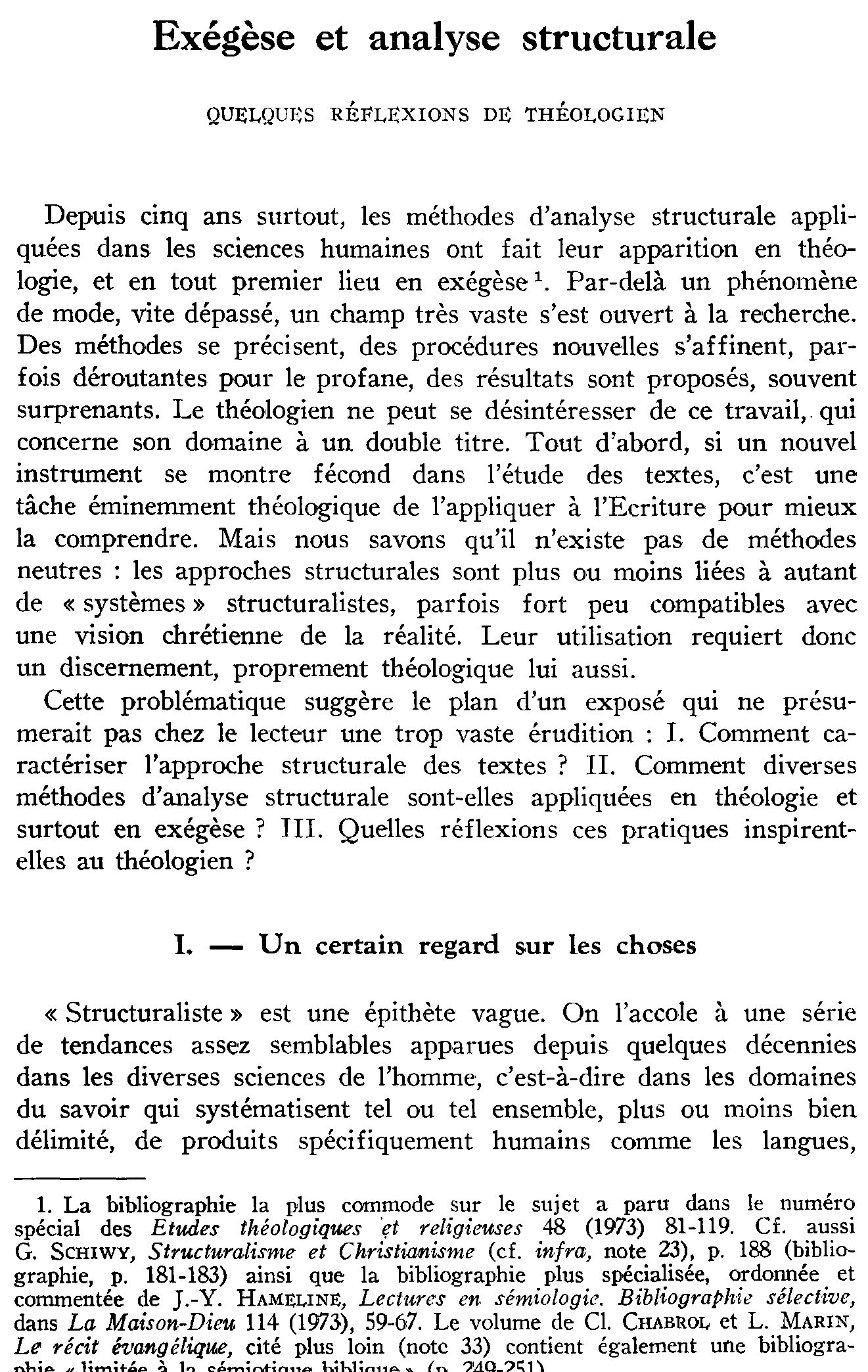 Exégèse et analyse structurale. Quelques réflexions de théologien