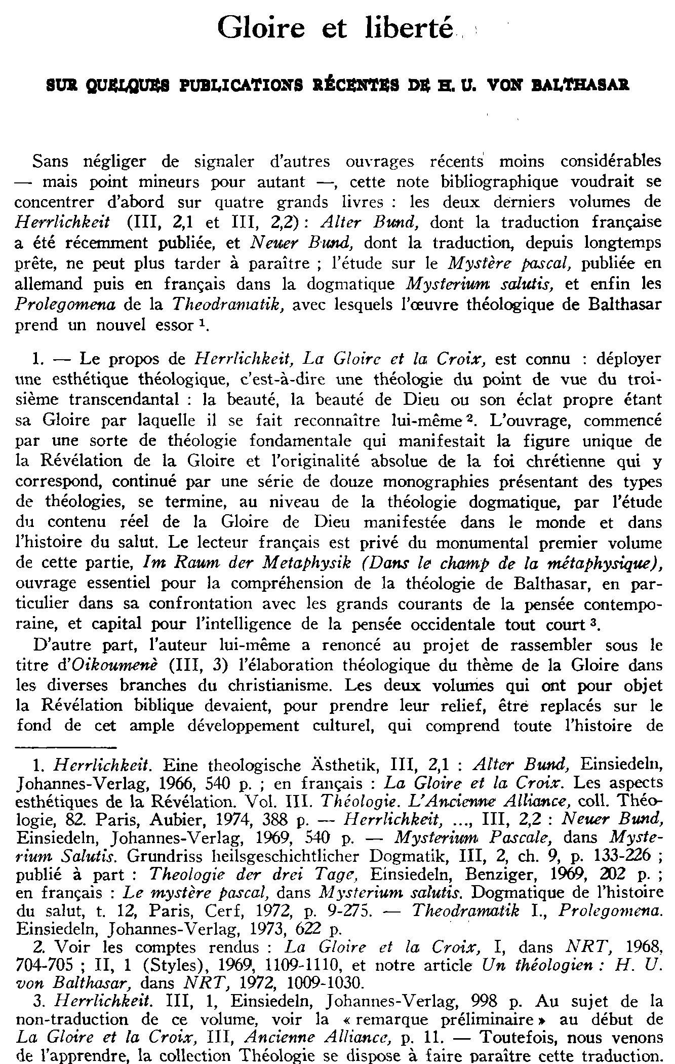 Gloire et liberté. Sur quelques publications récentes de H.U. von Balthasar