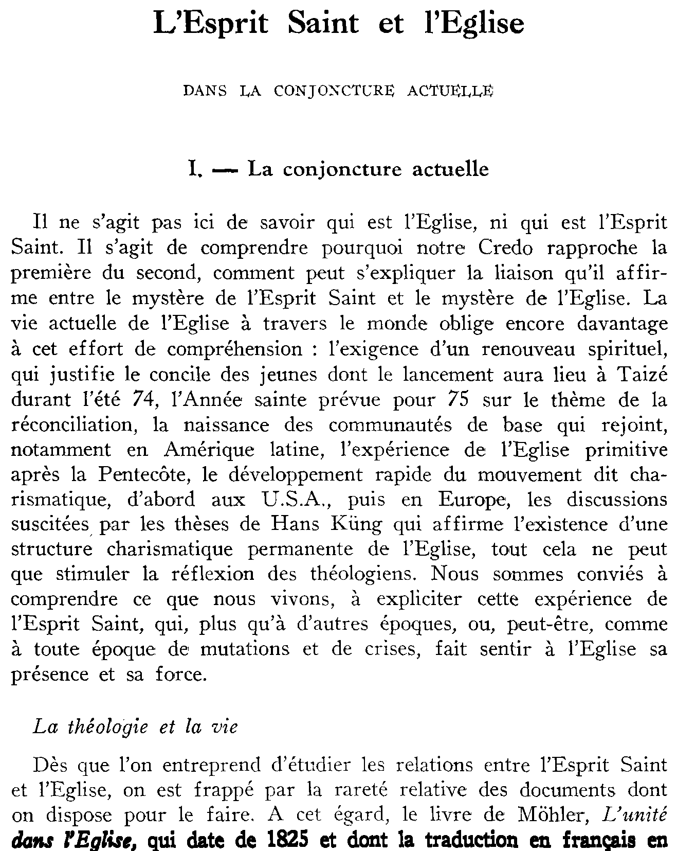 L'Esprit Saint et l'Église dans la conjecture actuelle