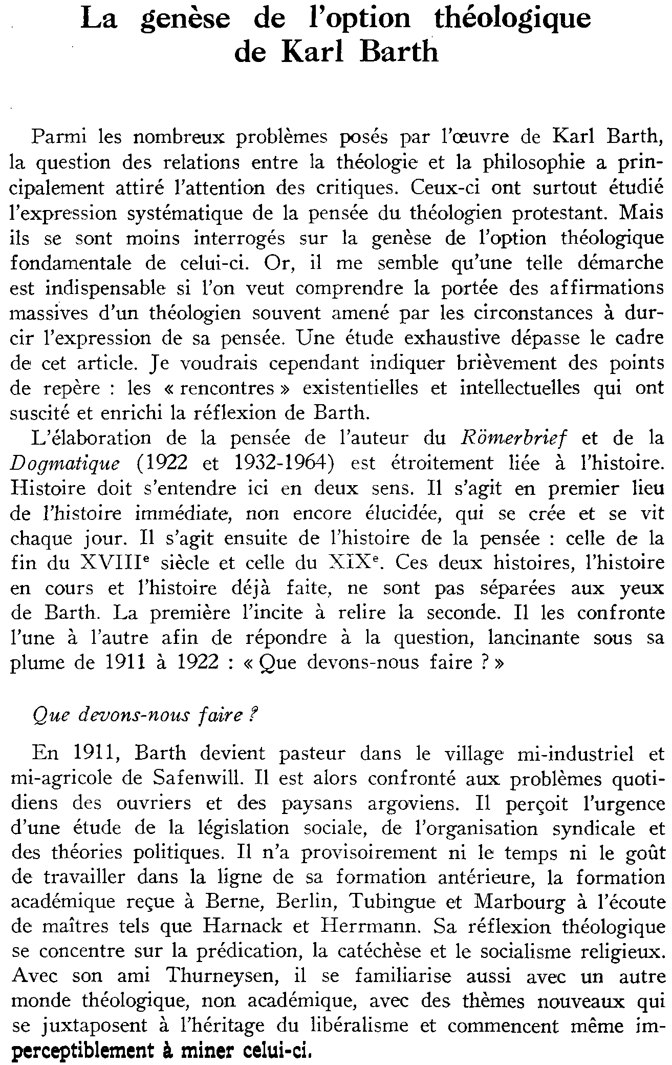 La genèse de l'option théologique de Karl Barth