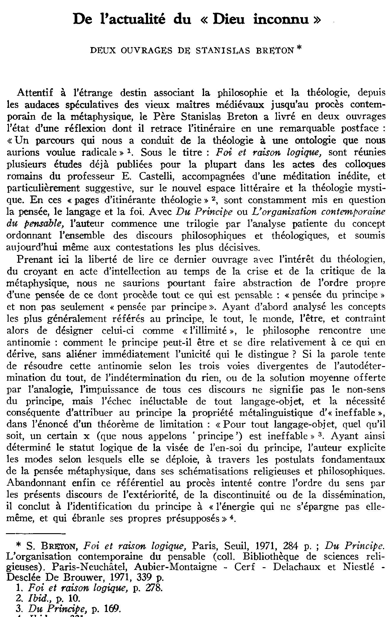 De l'actualité du «Dieu inconnu». Deux ouvrages de Stanislas Breton