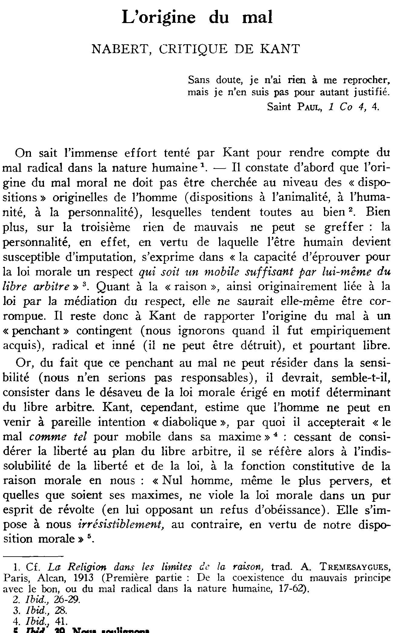 L'origine du mal. Nabert, critique de Kant