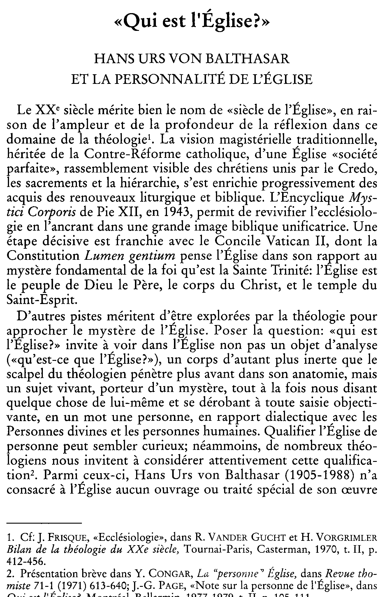 «Qui est l'Église?» Hans Urs von Balthasar et la personnalité de l'Église