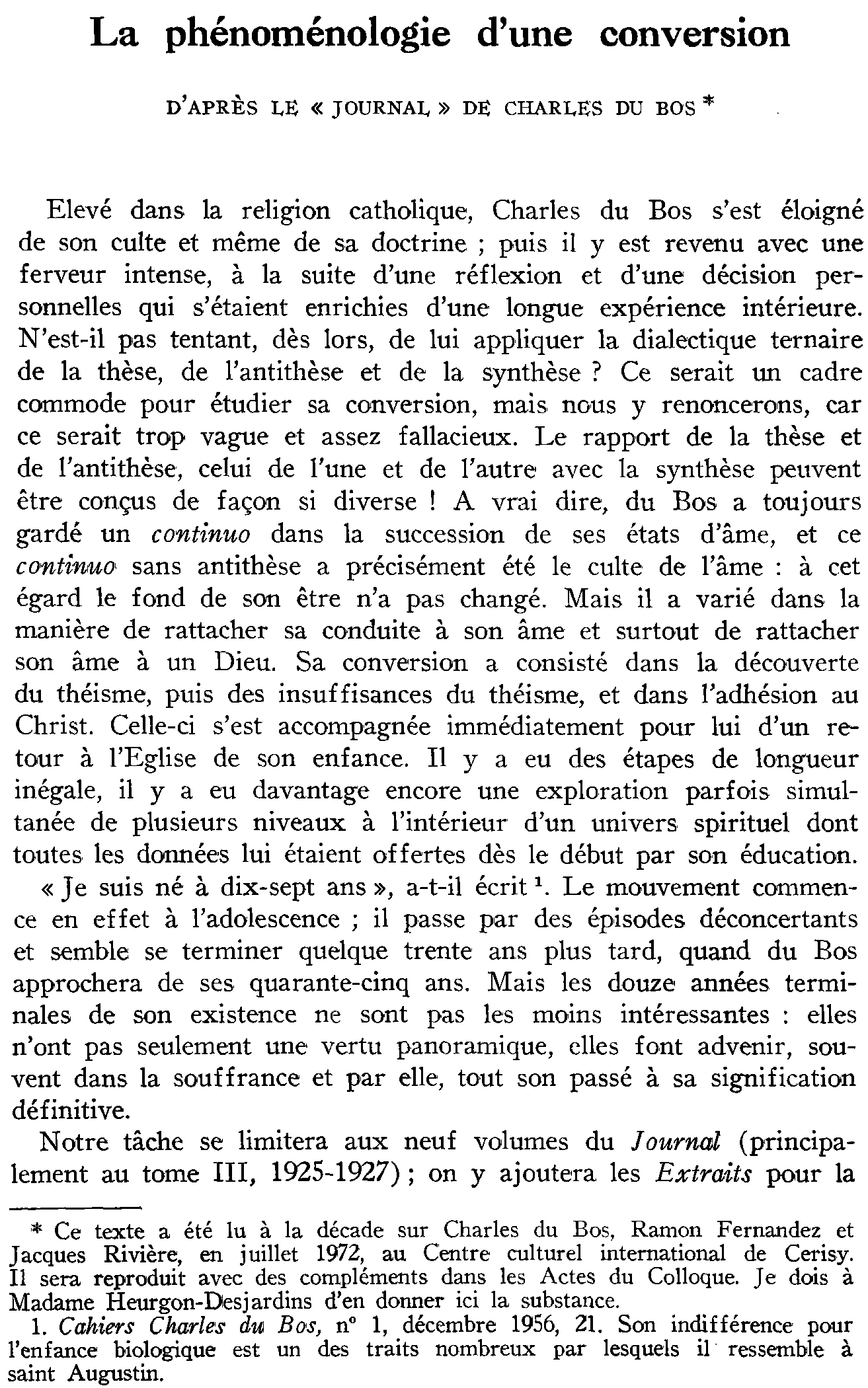 La phénoménologie d'une conversion d'après le «Journal» de Charles du Bos