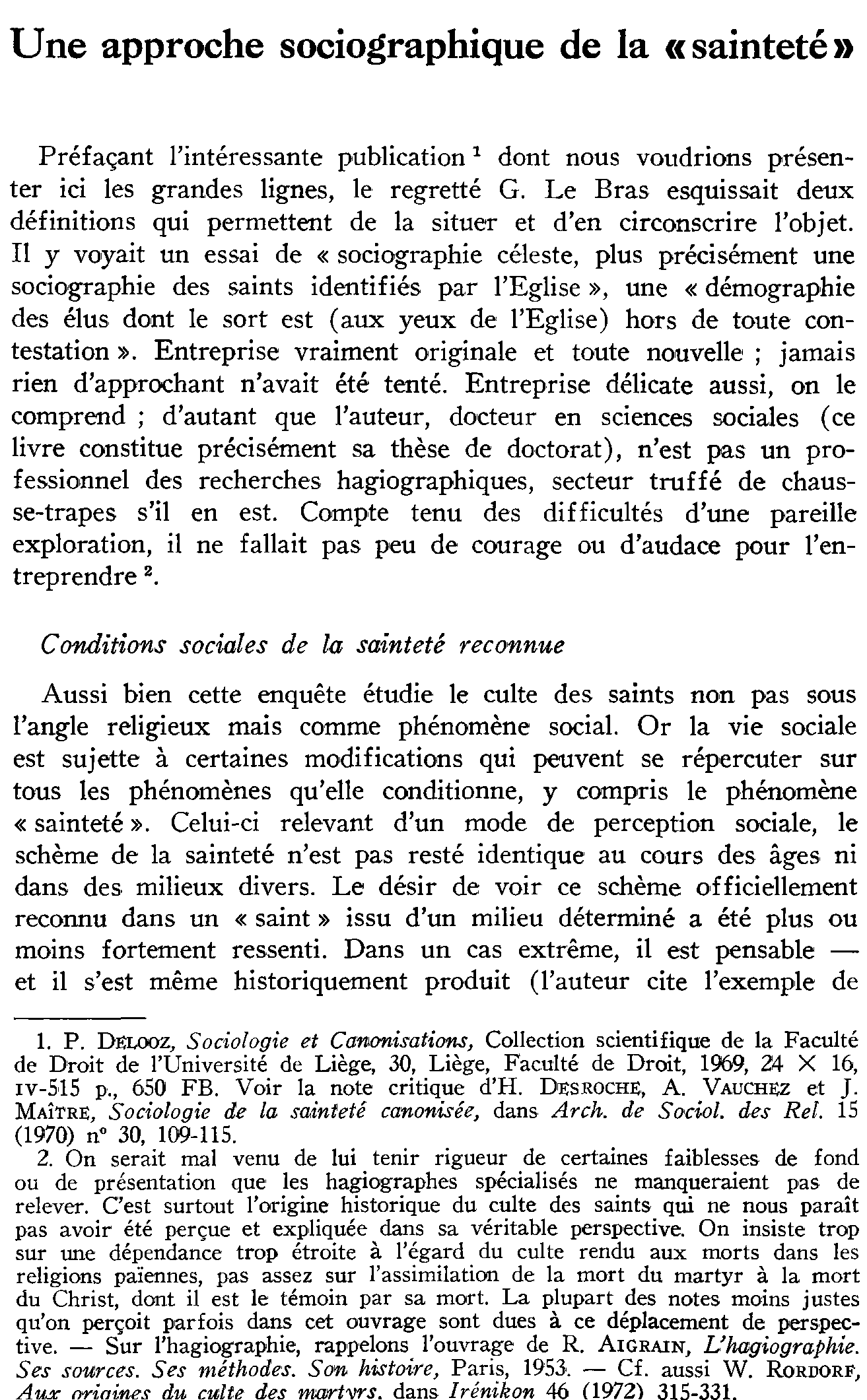 Une approche sociographique de la «sainteté»