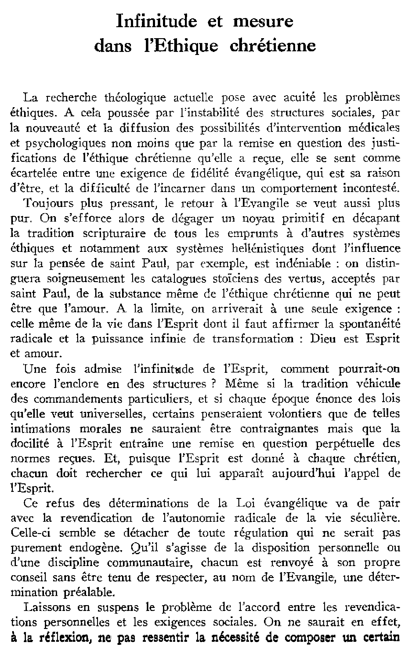 Infinitude et mesure dans l'Éthique chrétienne