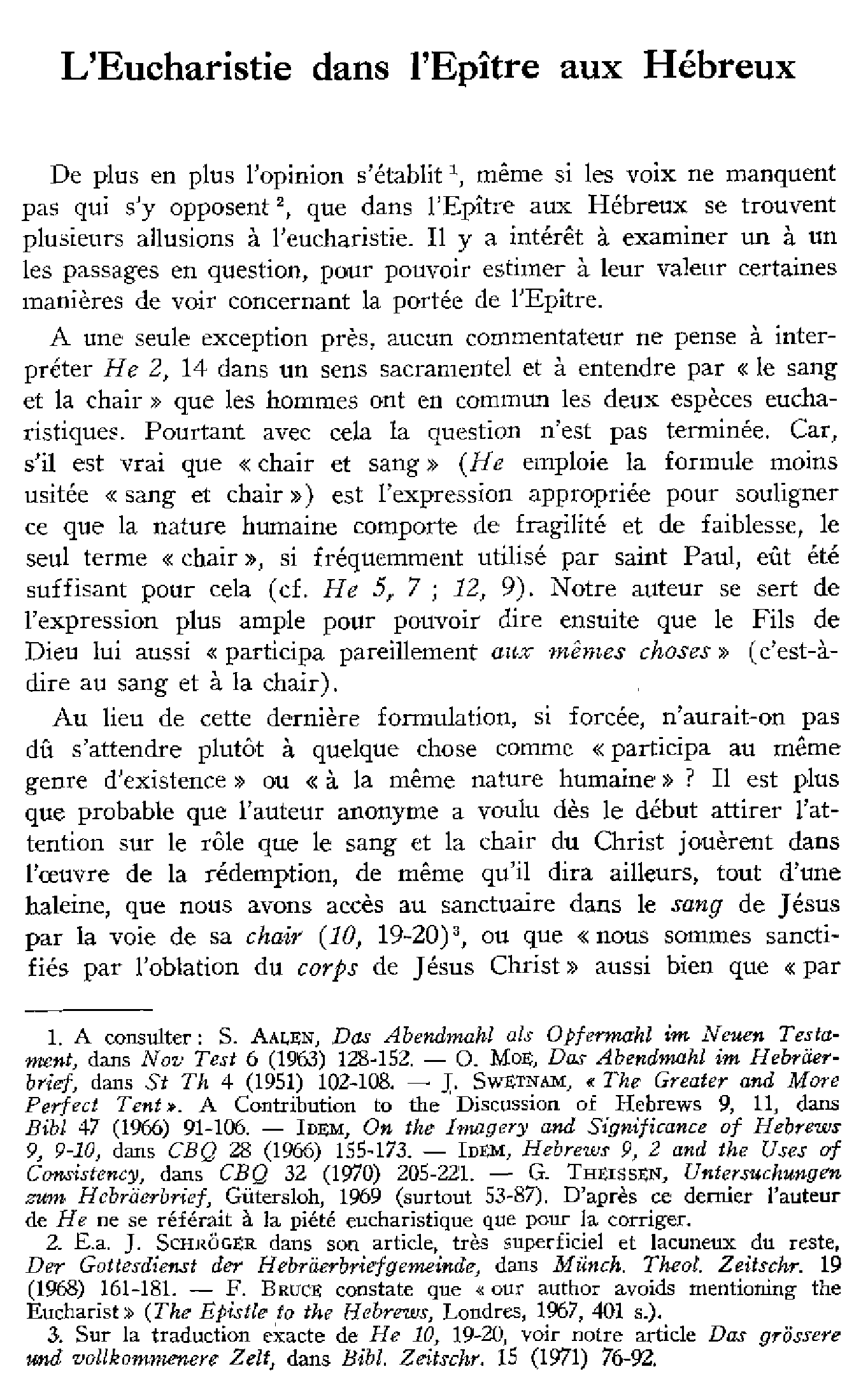 L'Eucharistie dans l'Épître aux Hébreux